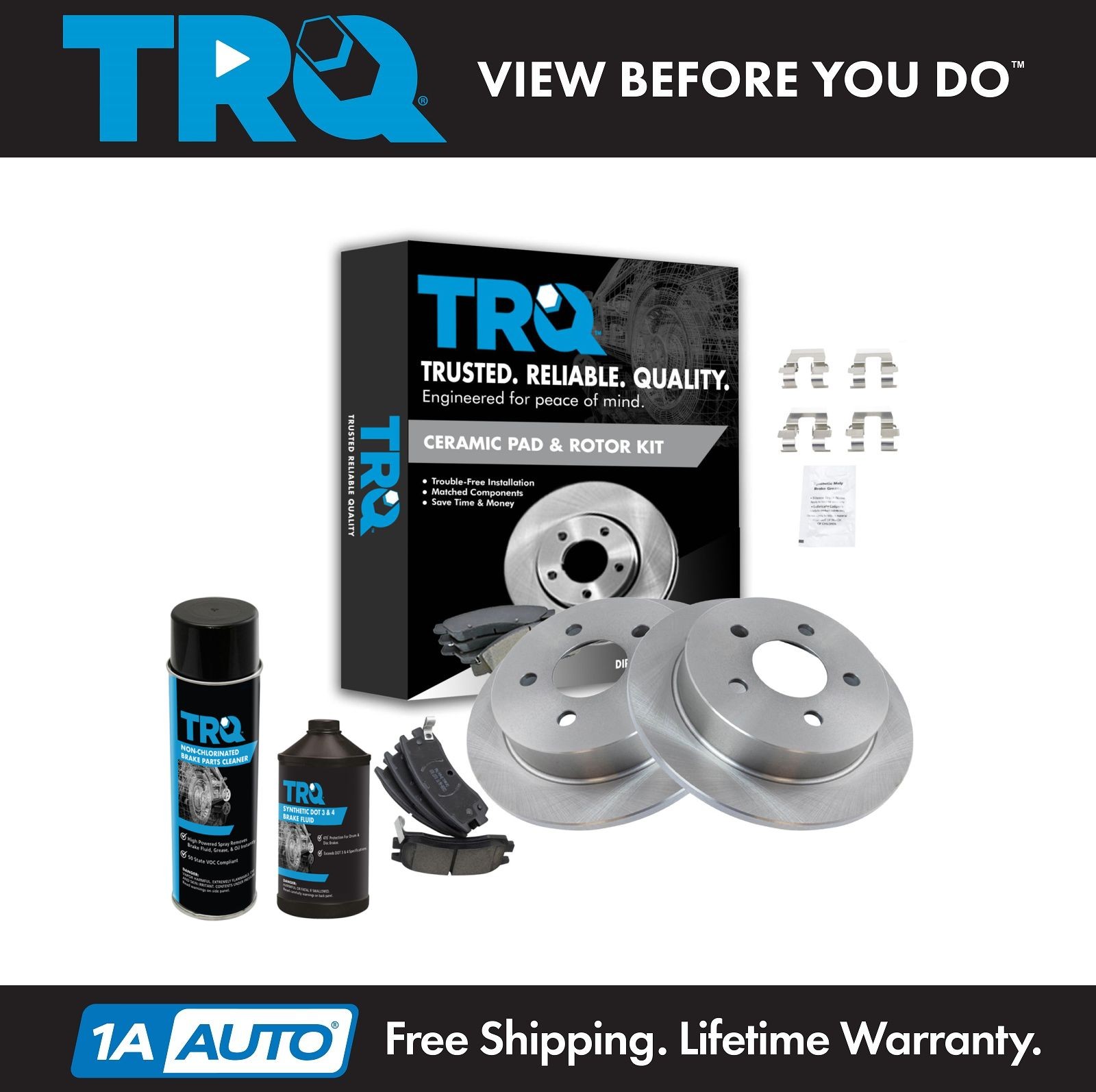 TRQ Rear Ceramic Brake Pad & Rotor Kit w/Chemicals for Buick Chevy Pontiac Olds