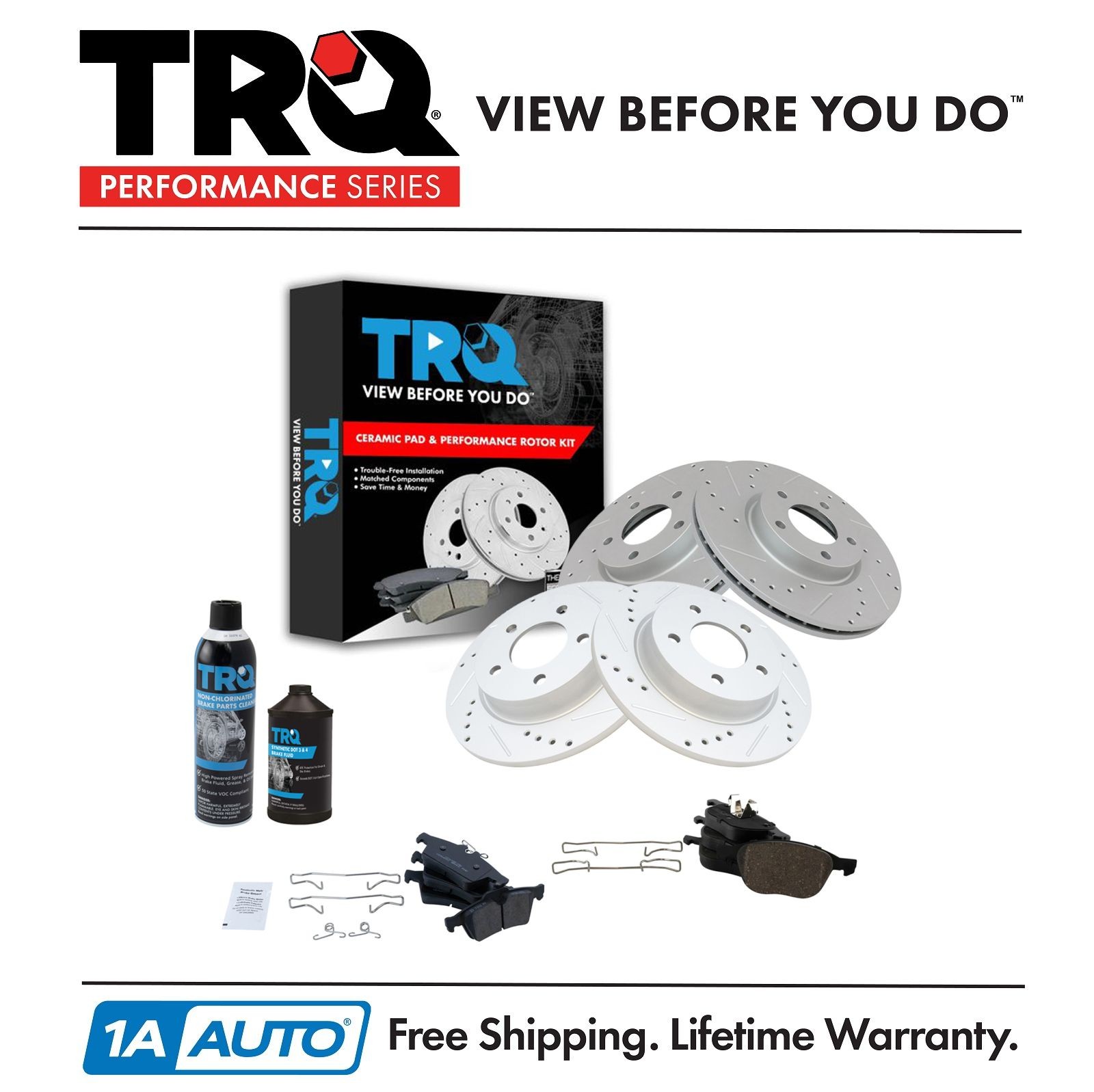 TRQ Ceramic Brake Pad & Cross Drilled Rotor w/Chemicals