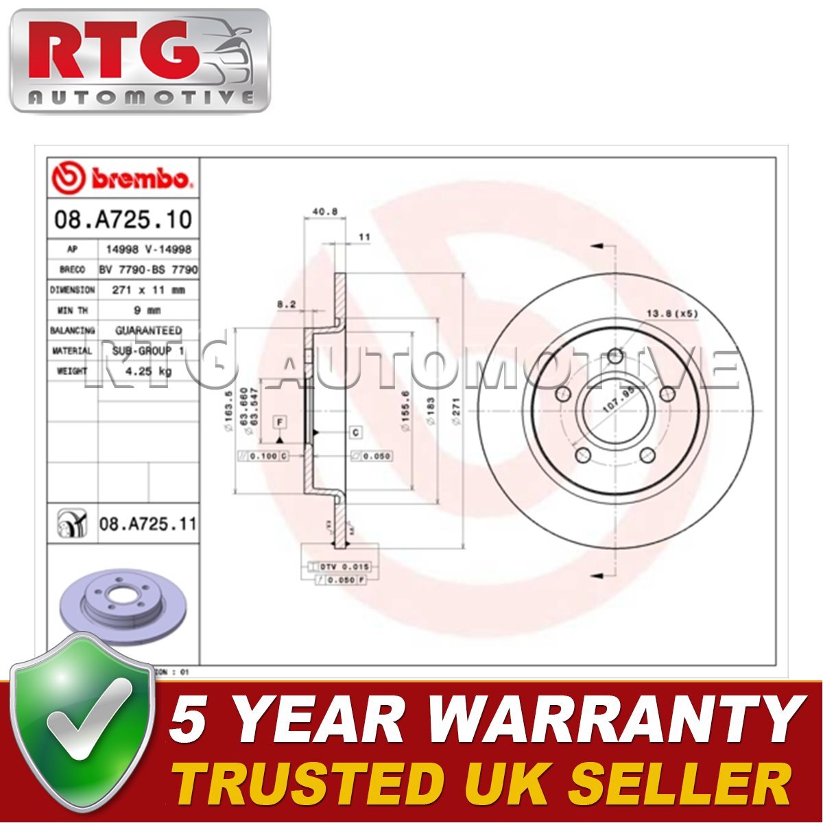 RTG Rear Brake Discs Fits Ford Focus 2010-2020 + Other Models