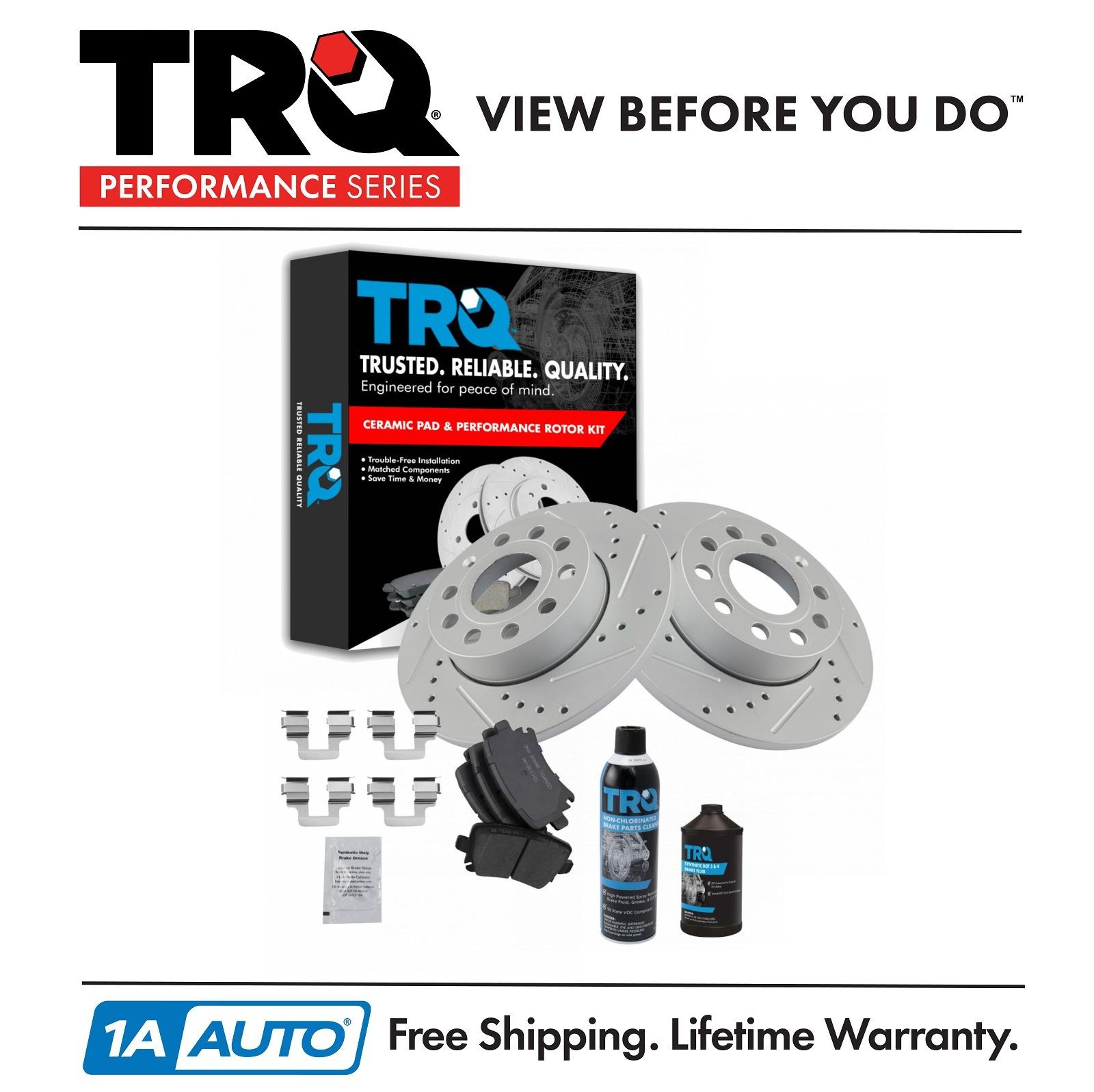 TRQ Performance Cross Rotor & Ceramic Brake Pad Rear Kit w/Chemicals