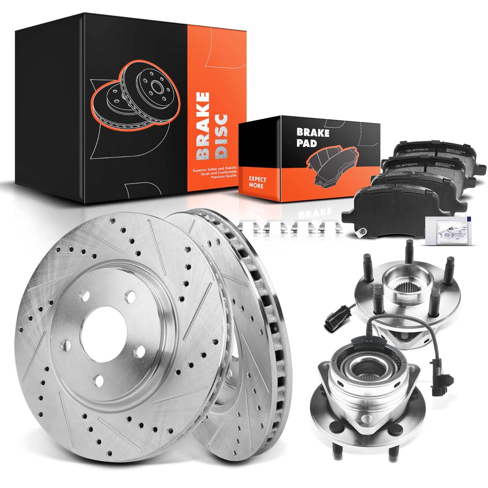 Front Drilled Brake Rotors & Pad + Hub Bearing for Chevy HHR Malibu Pontiac G6
