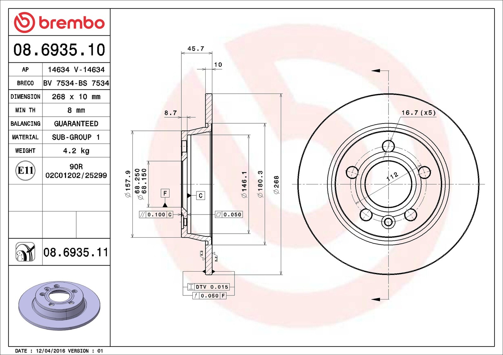 2x Brake Discs Pair Solid fits FORD GALAXY 2.3 Rear 97 to 06 268mm Set Brembo