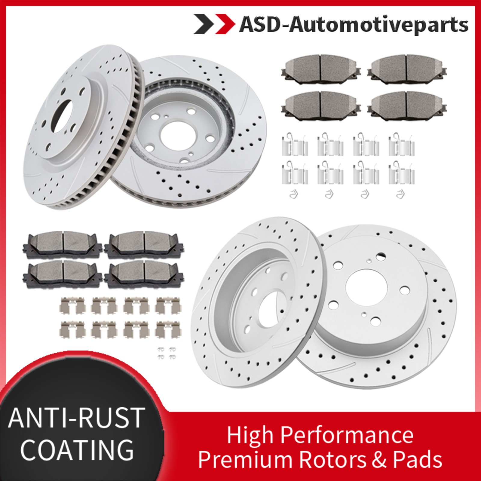 296mm Front and Rear Drilled Discs Rotors Brake Pads Fit for 06-18 Toyota Rav4