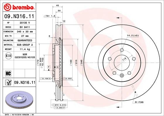 Brembo 09.N316.11 Brake Disc for Buick (SGM), Cadillac (SGM), Opel, Vauxhall