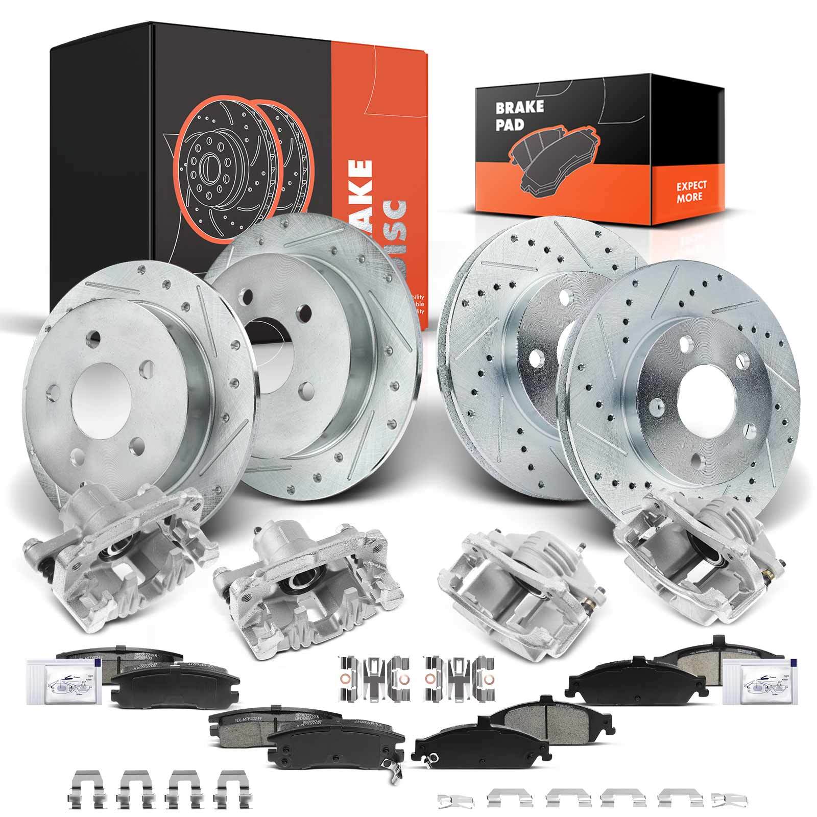 Front & Rear Drilled Brake Rotors & Brake Pads + Brake Caliper for Olds Pontiac