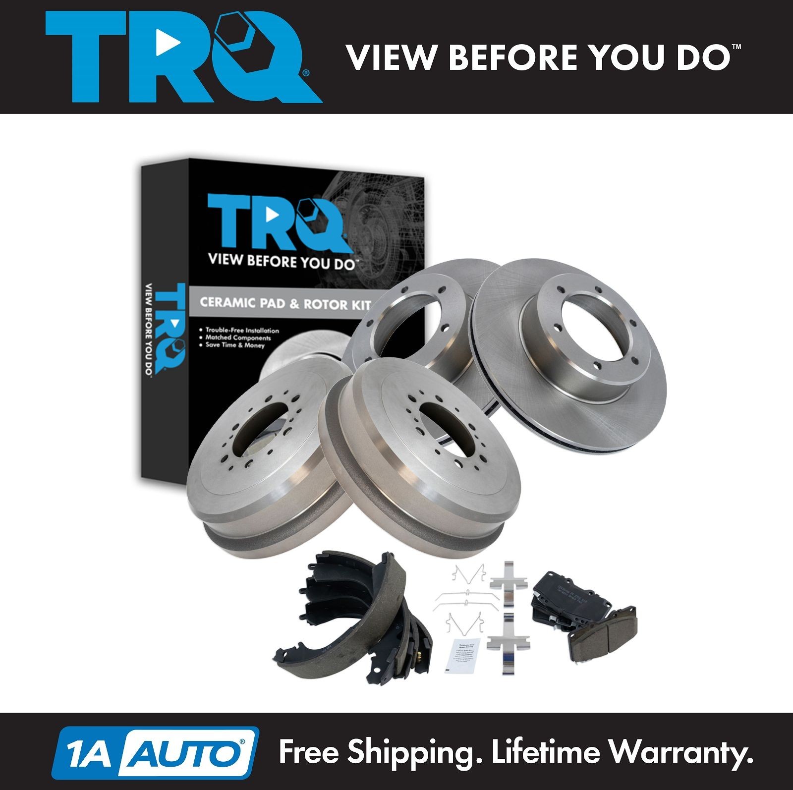 TRQ Front & Rear Brake Pad & Rotor,Shoe & Drum Kit Ceramic Fits 89-95 Toyota