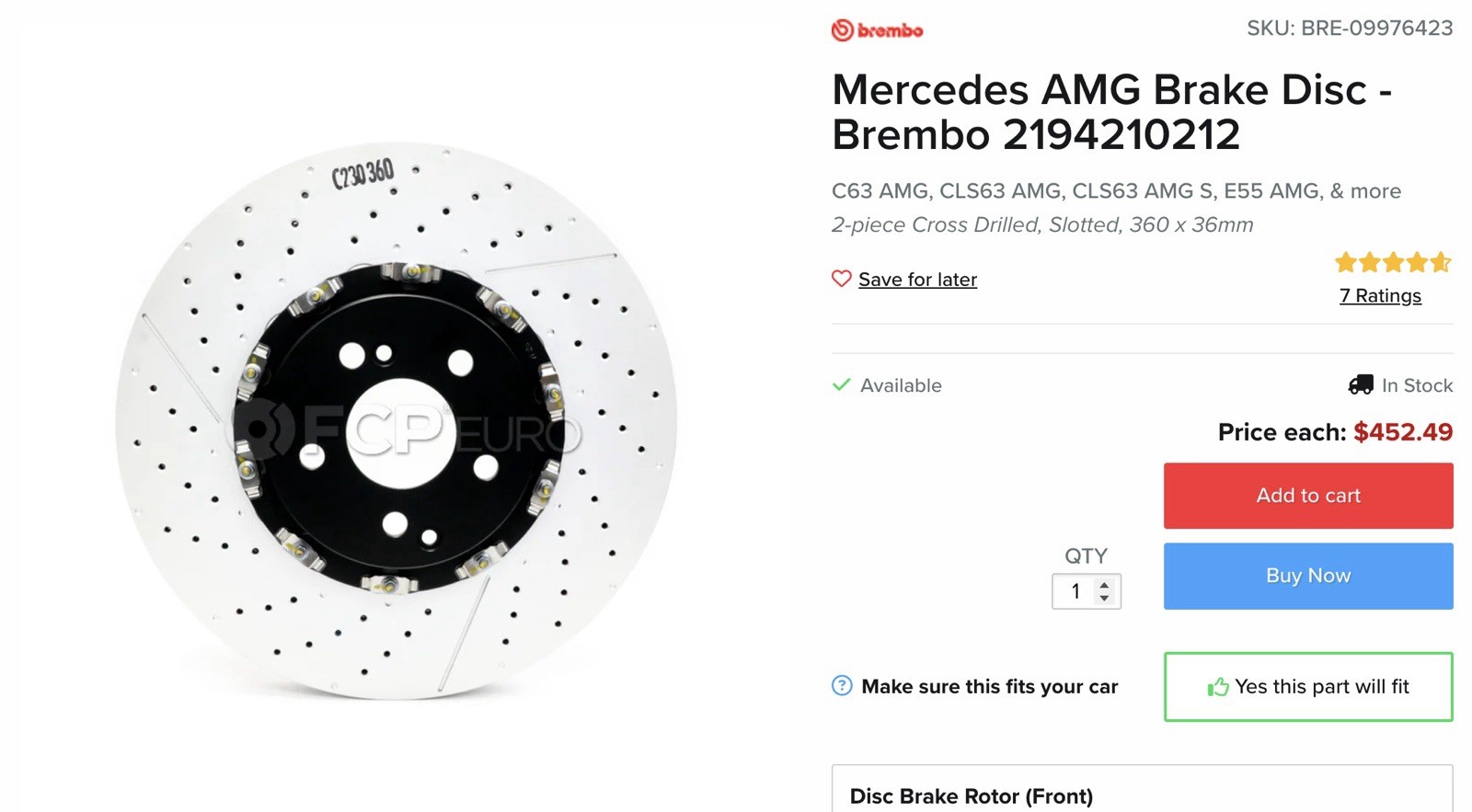 Mercedes AMG 2 Piece Rotors Brake Disc 2194210212 360mm C63 E63 CLS63 E55