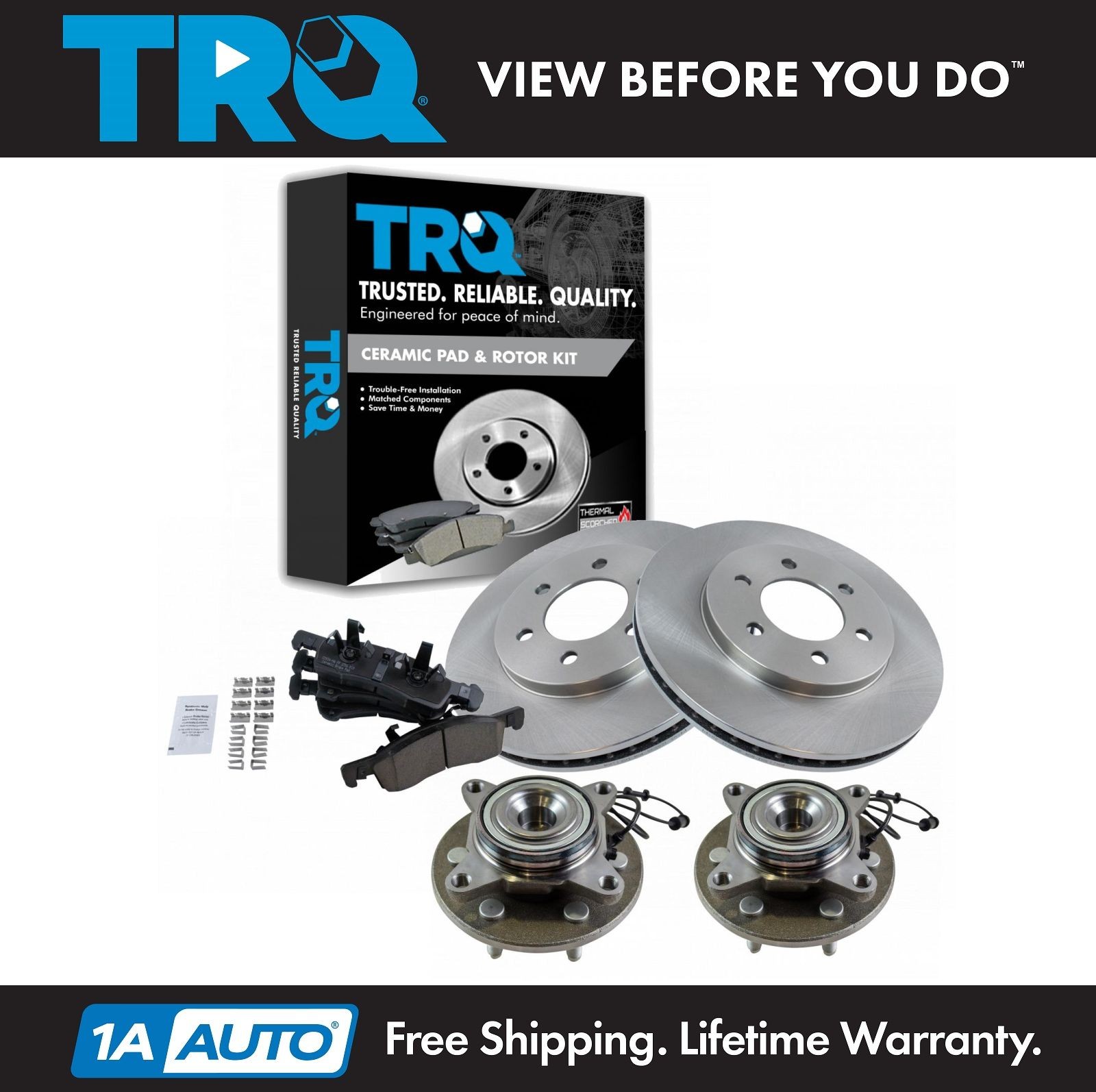 TRQ Front Ceramic Brake Pad Rotor & Wheel Hub w/ Bearing Kit LH RH Kit w/Fluids