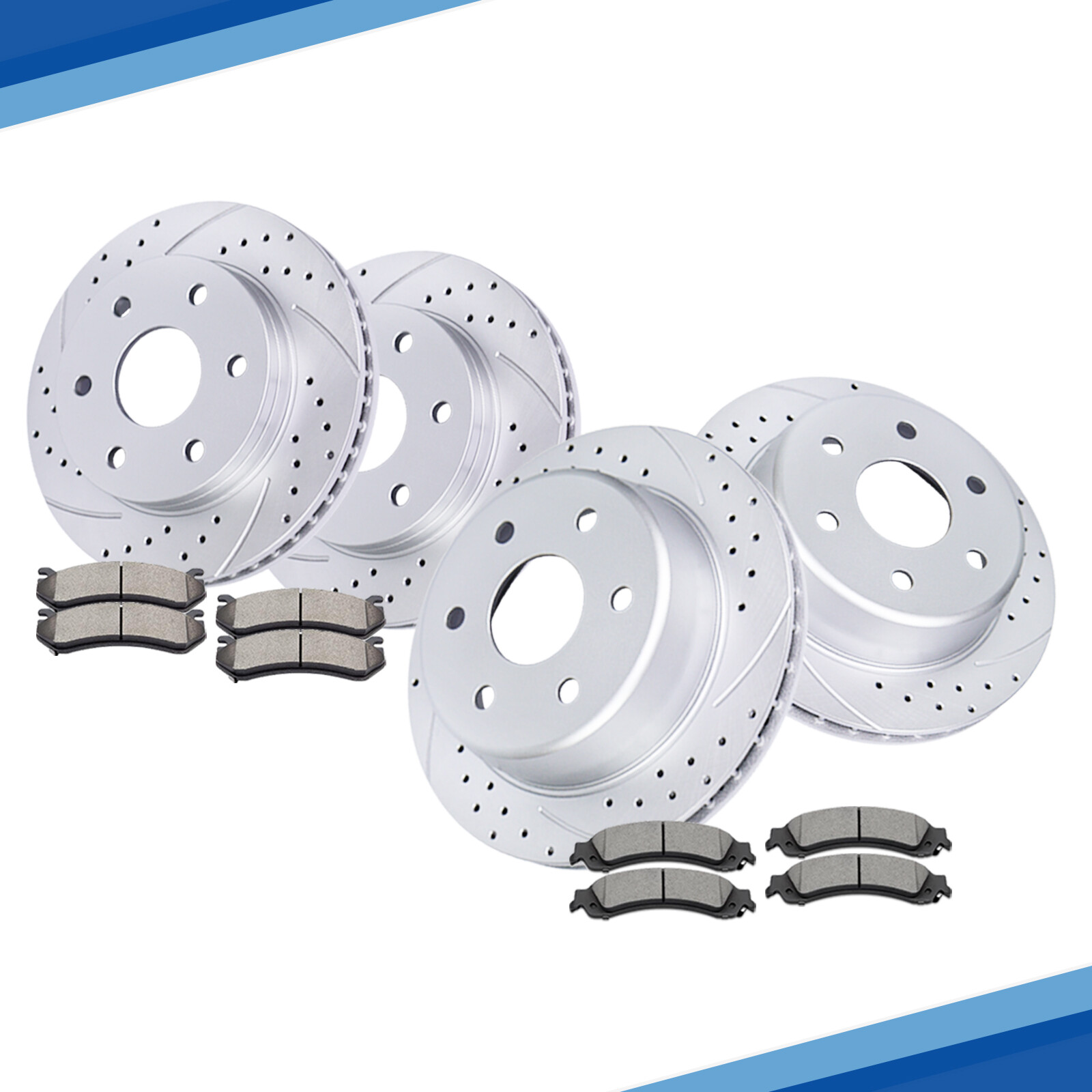 For Silverado Sierra Yukon XL 1500 Tahoe Front Rear Drilled Rotors + Brakes Pads