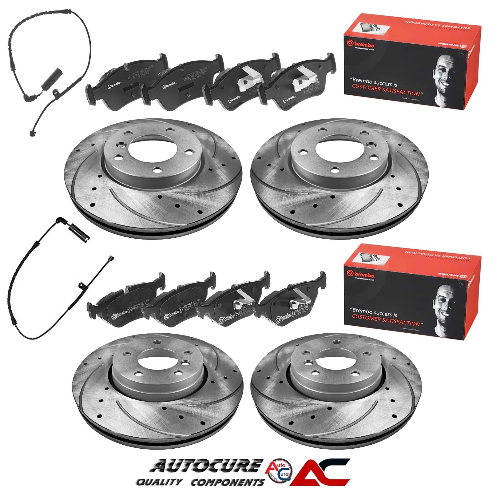 FOR BMW 3 SERIES 320Ci E46 FRONT & REAR DRILLED & GROOVED DISCS & BREMBO PADS