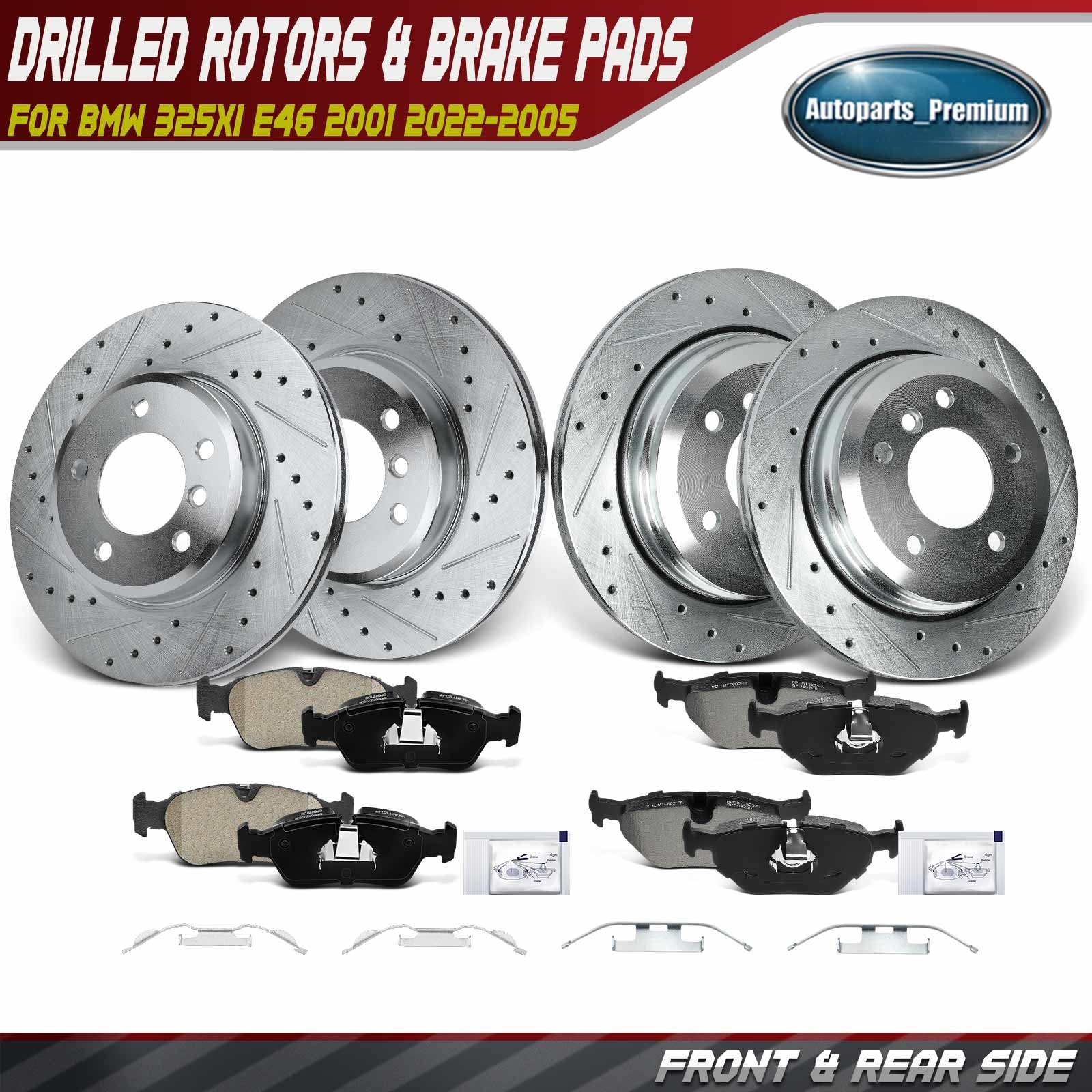 12pcs Front & Rear Side Drilled Rotors & Brake Pads for BMW 325xi E46 2001-2005