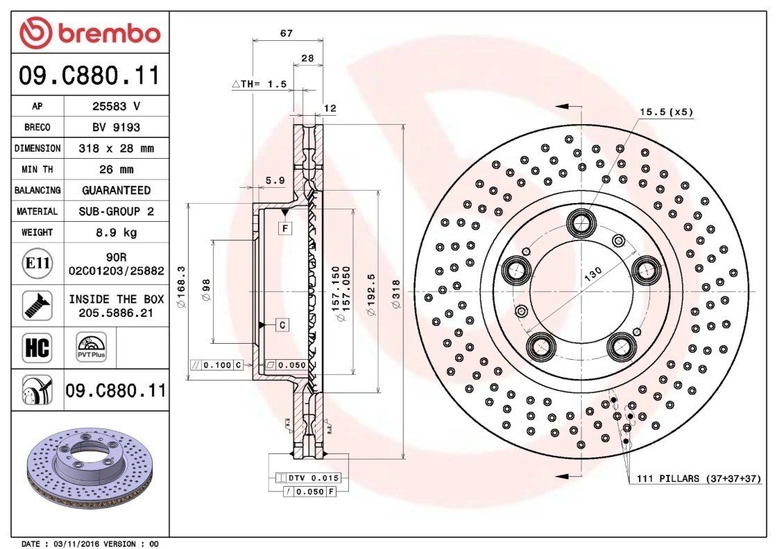 Brembo 09.C880.11 Prime UV Coated Drilled PVT Brake Rotors – Front Pair