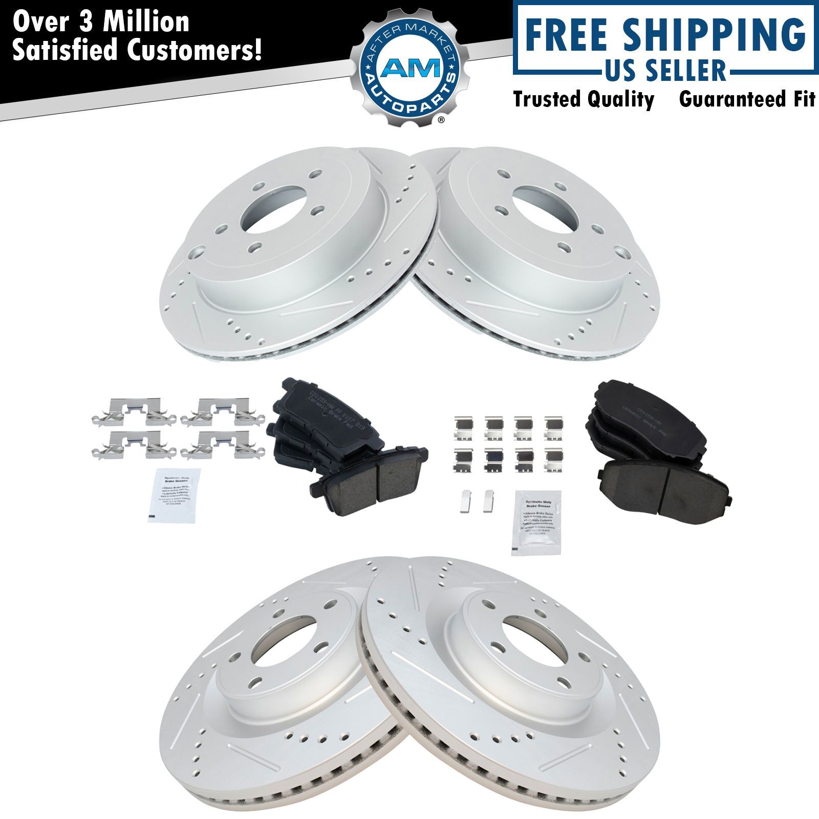Front Rear Ceramic Brake Pad & Performance Drilled Slotted Rotor Kit