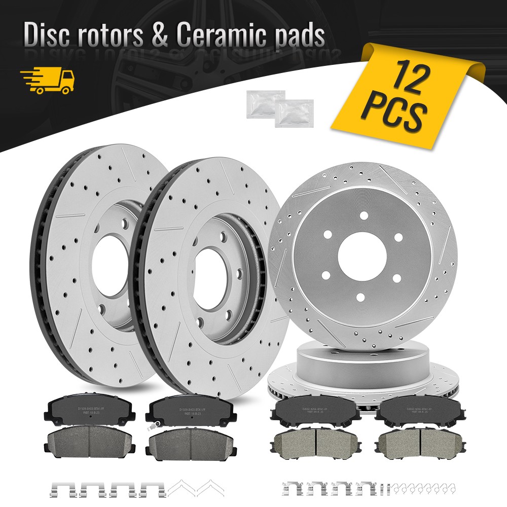 Front Rear Drilled Brake Rotors Ceramic Brake Pads for 2017 – 2023 Nissan Titan