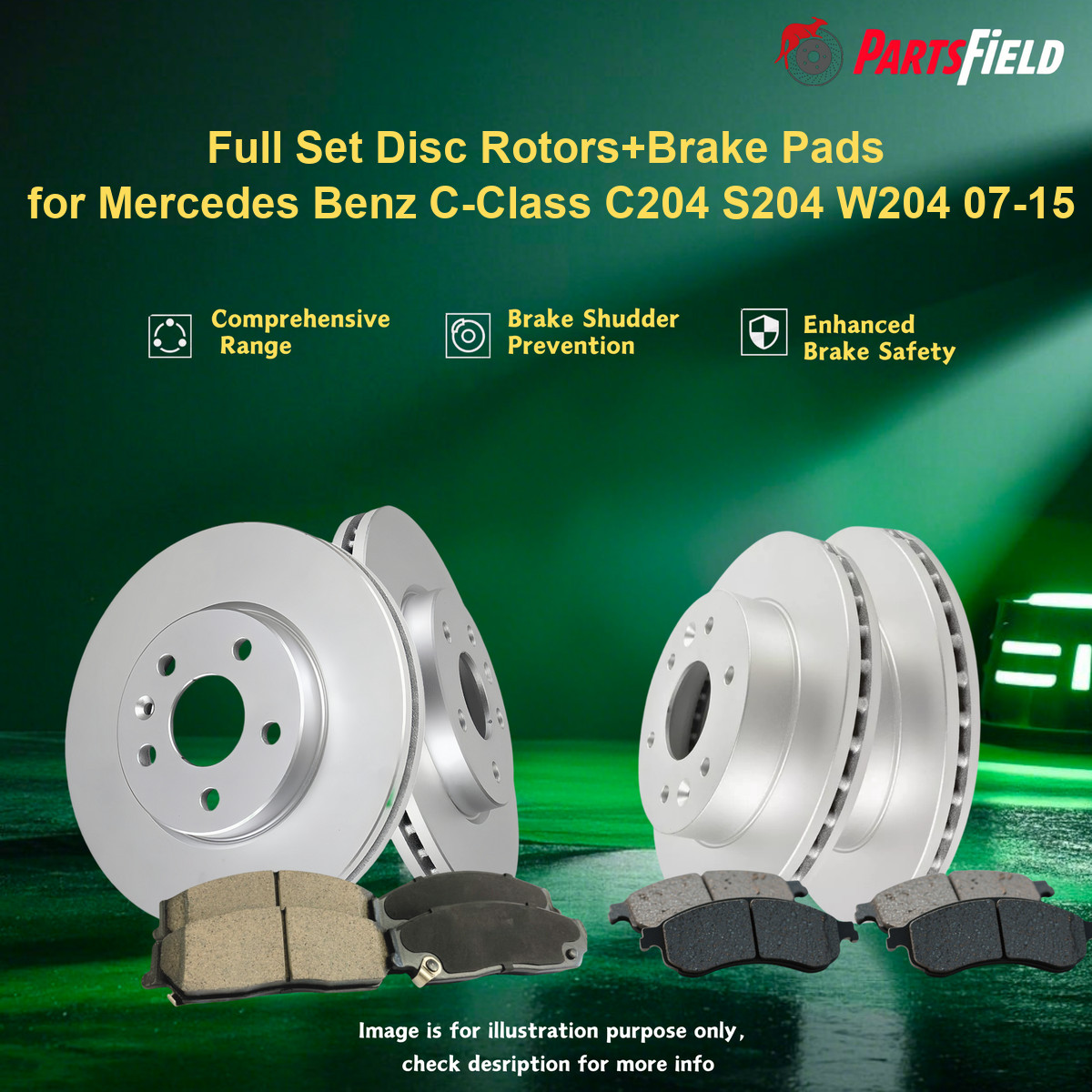 Full Set Disc Rotors+Brake Pads for Mercedes Benz C-Class C204 S204 W204 07-15