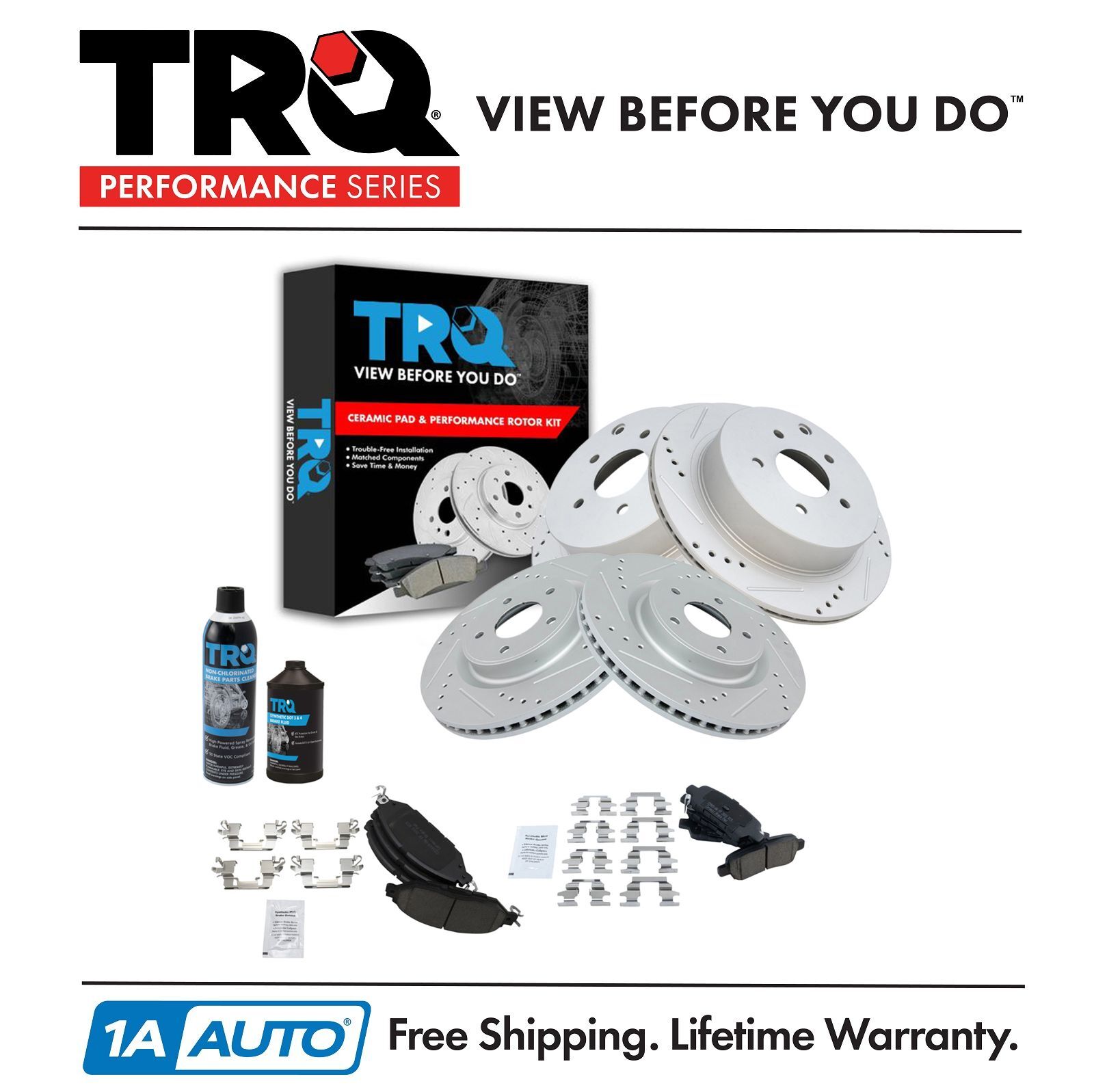 TRQ Front Rear Ceramic Brake Pad Performance Coated Rotor Kit w/Chemicals