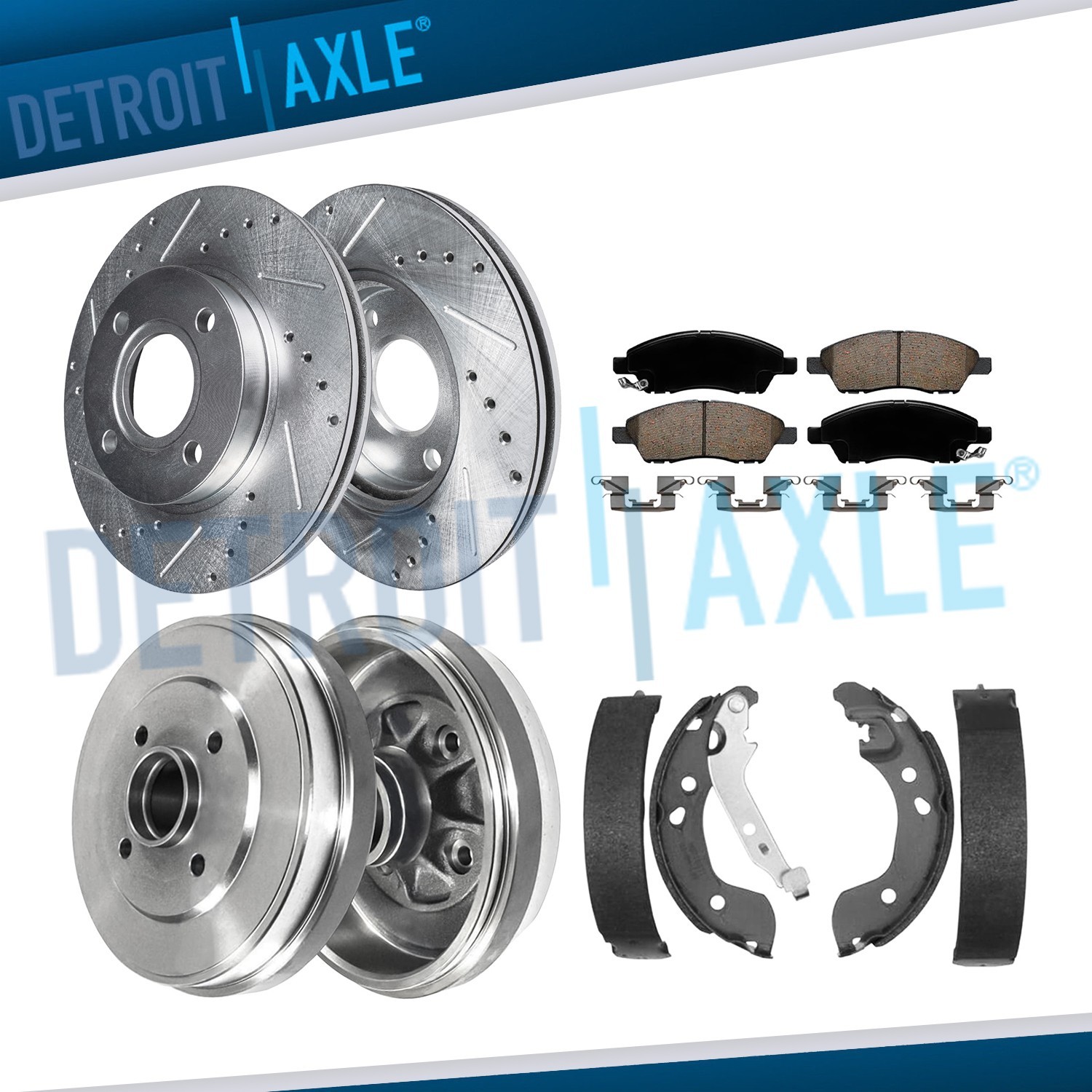 8pc Front Rear Drilled Rotors Drums Brake Pads Shoes for Nissan Versa Note 1.6L