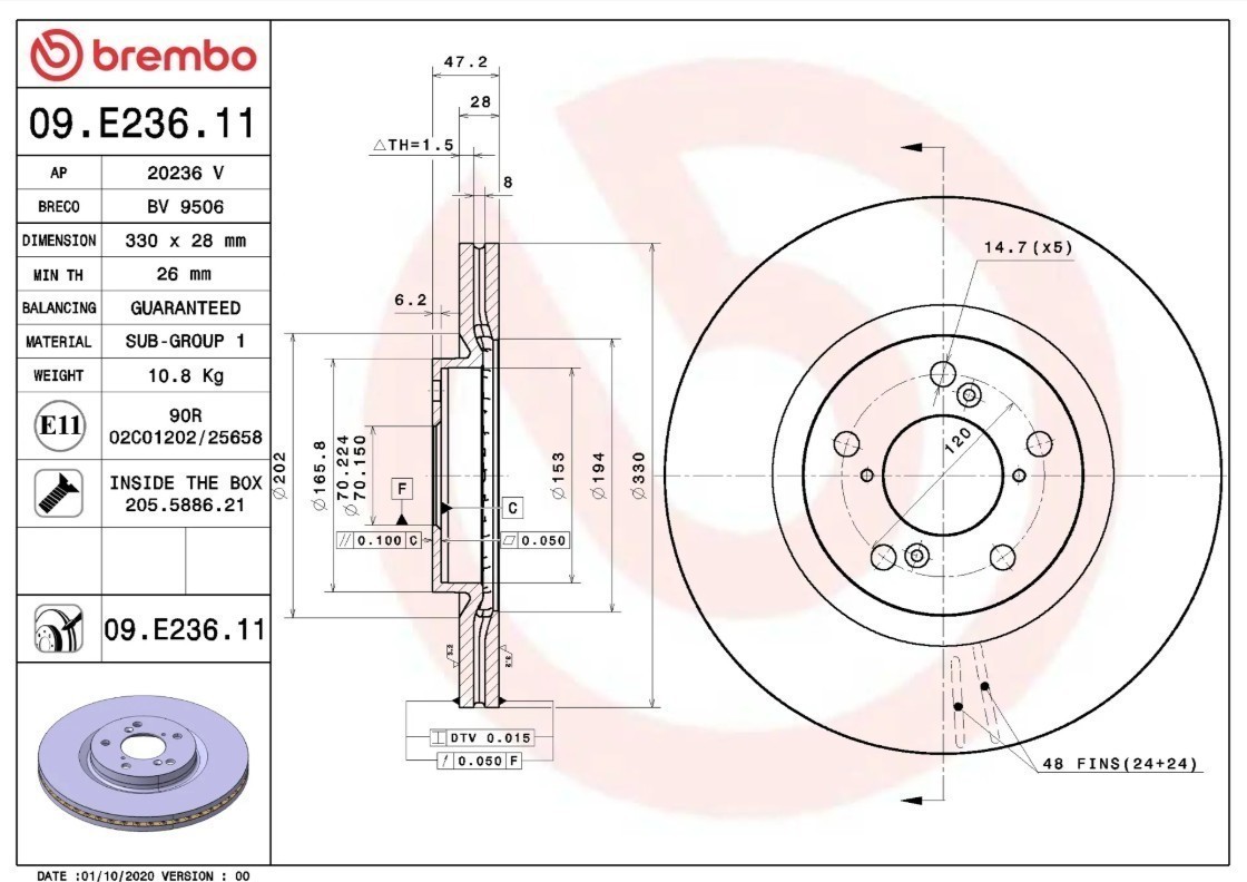 Brembo 09.E236.11 Prime UV Coated Vented Brake Rotors – Front Pair