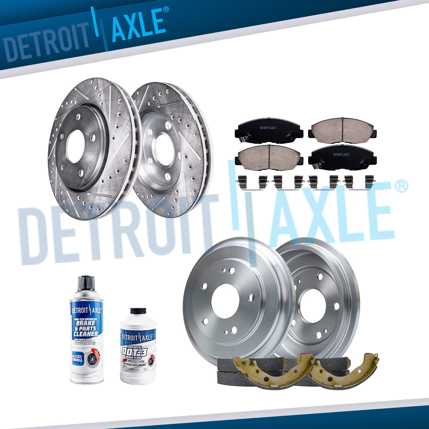 Front Drilled Rotors Brake Pads Rear Drum Shoes Kit for 2006 – 2011 Honda Civic