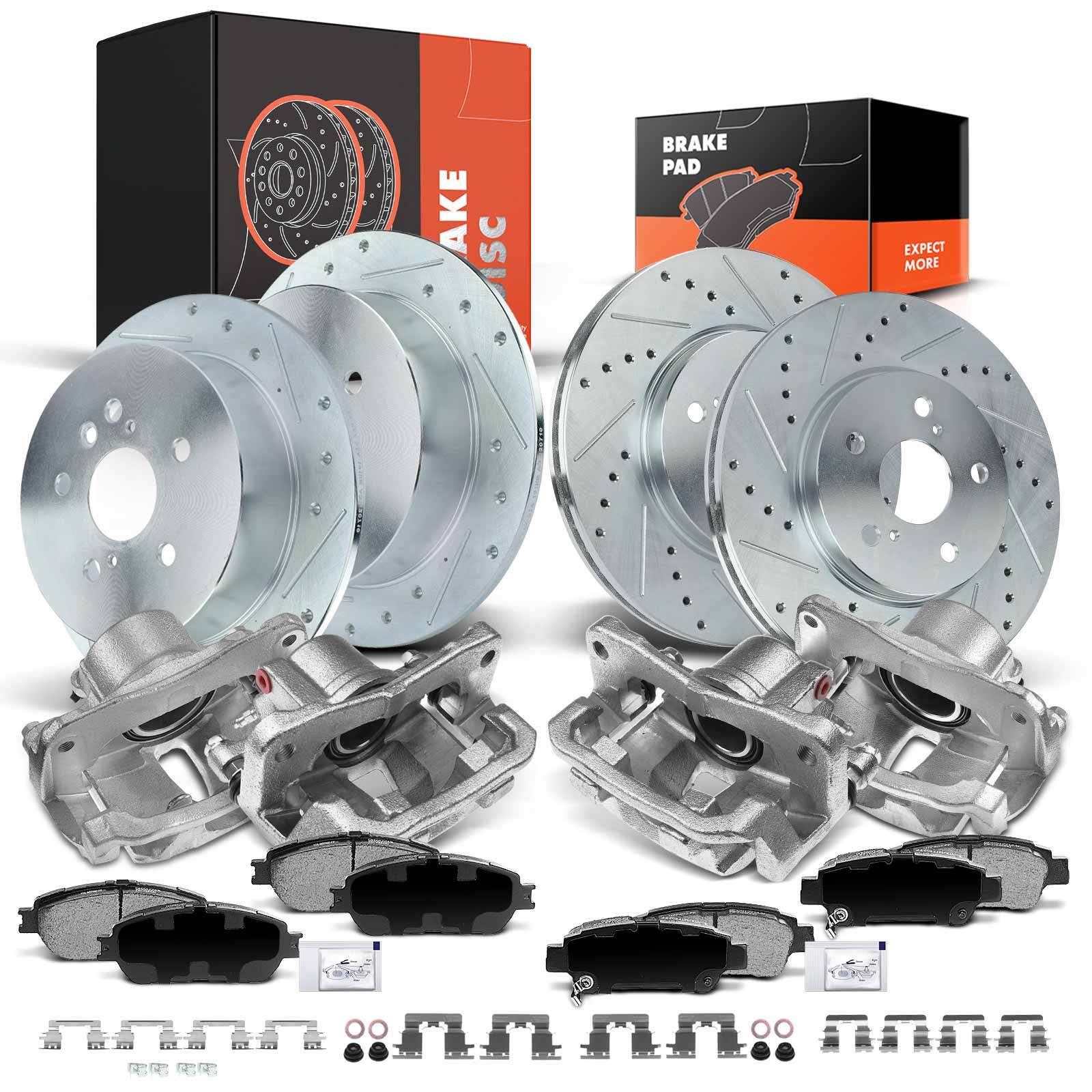 Drilled Brake Rotor & Pads + Brake Caliper for Toyota Sienna 04-10 Front & Rear