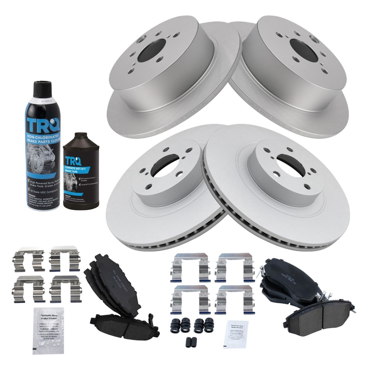 TRQ Front & Rear Ceramic Brake Pad & Coated Rotor Kit w/Chemicals for Subaru