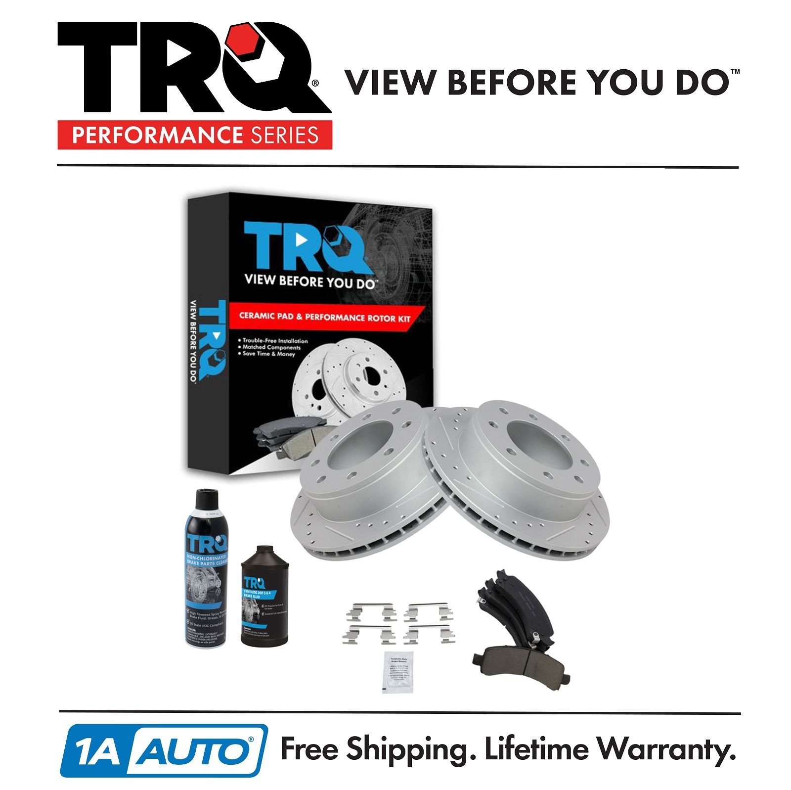 TRQ Rear Performance Brake Rotor & Ceramic Pad Kit w/Chemicals