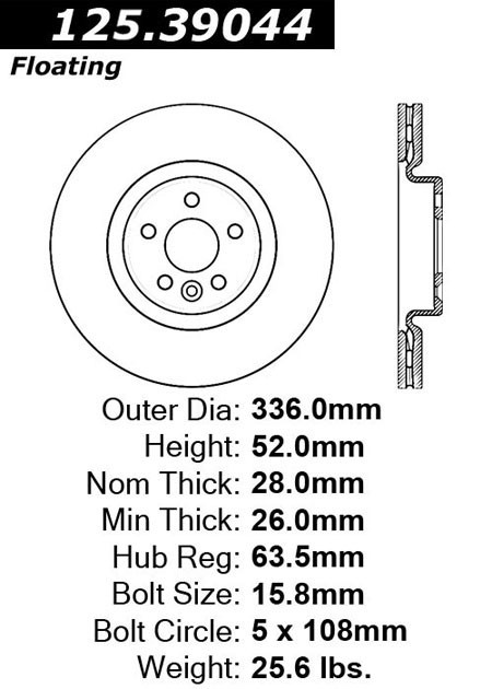 Centric Front Disc Brake Rotor for Volvo S60, V60, S80, XC70, V70 (125.39044)