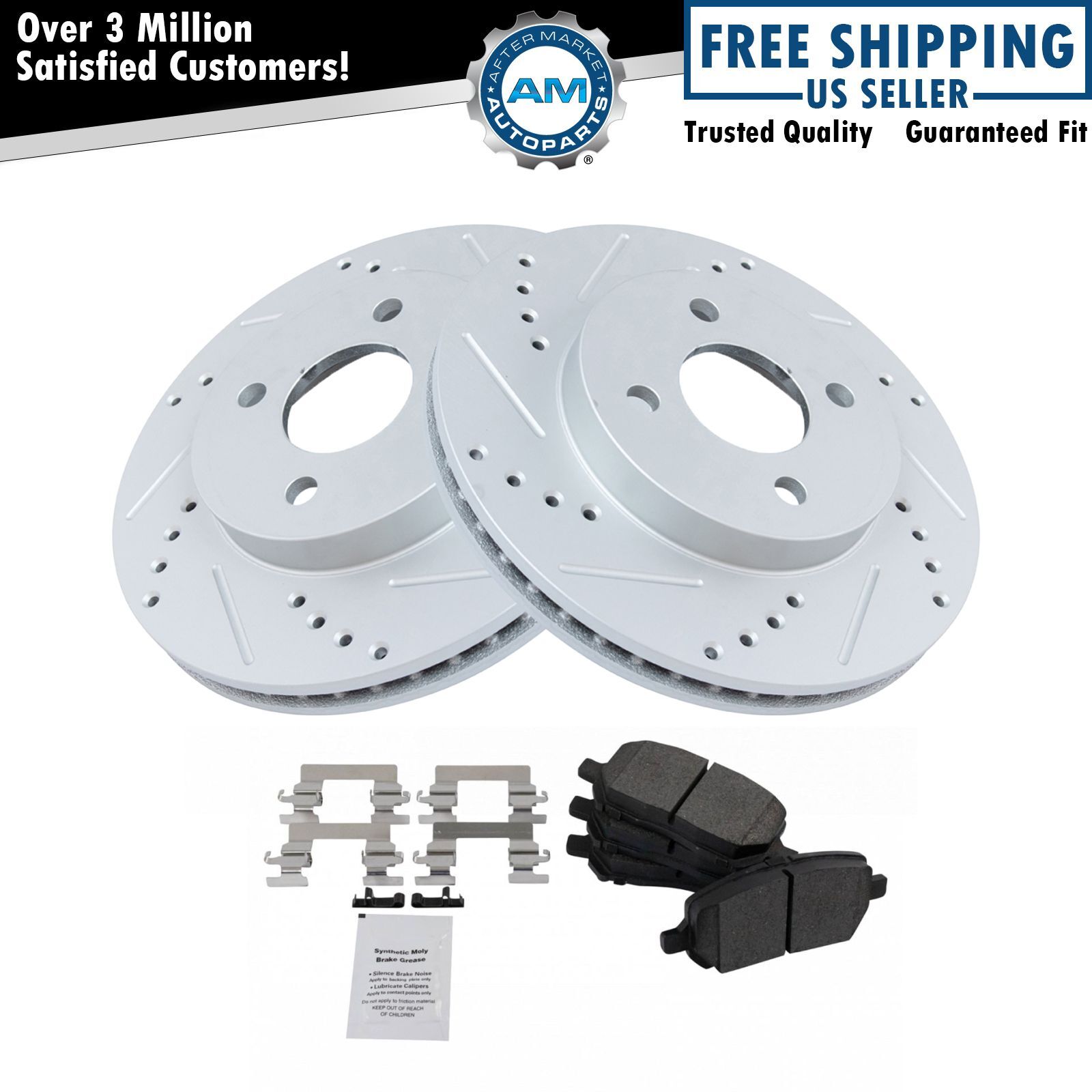 Front Metallic Brake Pad & Performance Drilled Slotted Coated Rotors