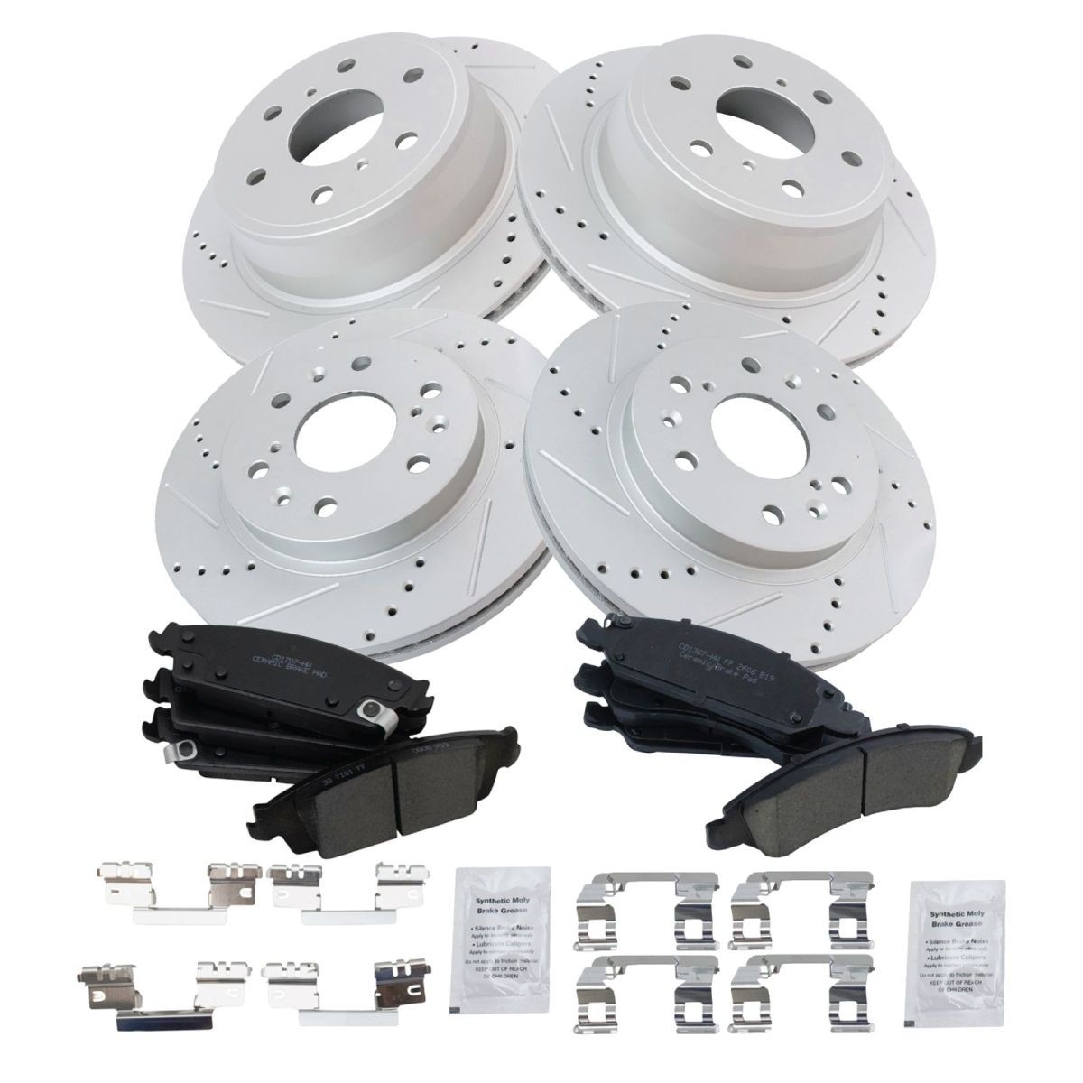 TRQ Front & Rear Posi Ceramic Brake Pad & Performance Drilled Slotted Rotors