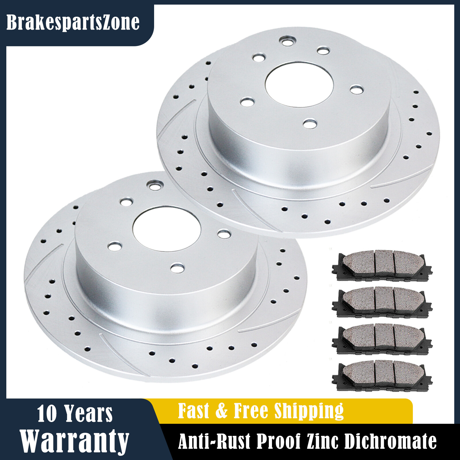 Fit for Ford Focus 2012-2017 272mm Rear Drilled Slotted Brake Rotors and Pads