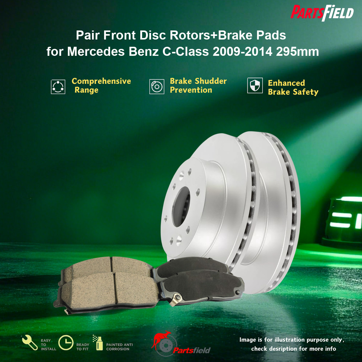 Front Disc Rotors+Brake Pads for Mercedes Benz C-Class C204 S204 09-14 295mm