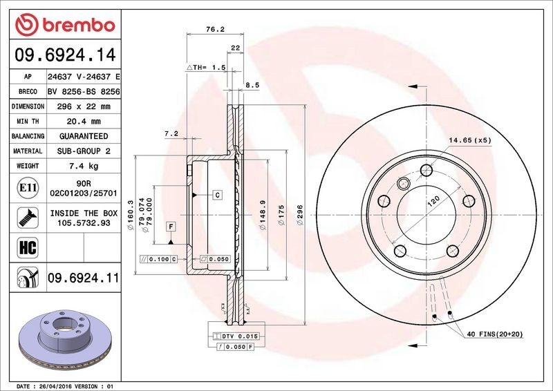 2X Brembo 09.6924.11 Front Vented Brake Discs Fits Bmw 5 Series