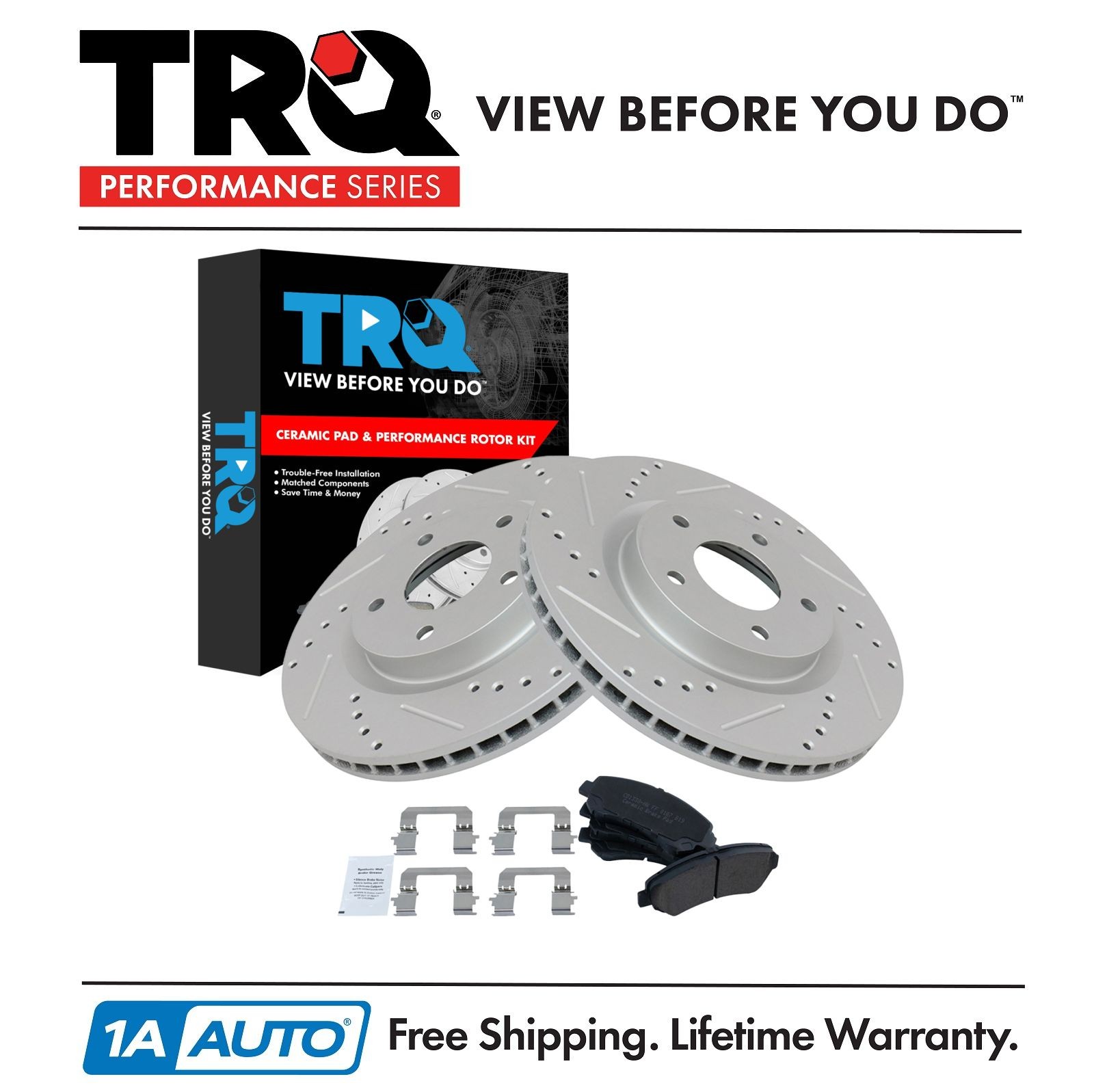 TRQ Front Posi Ceramic Brake Pad Performance Drilled Slotted Zinc Coated Rotors