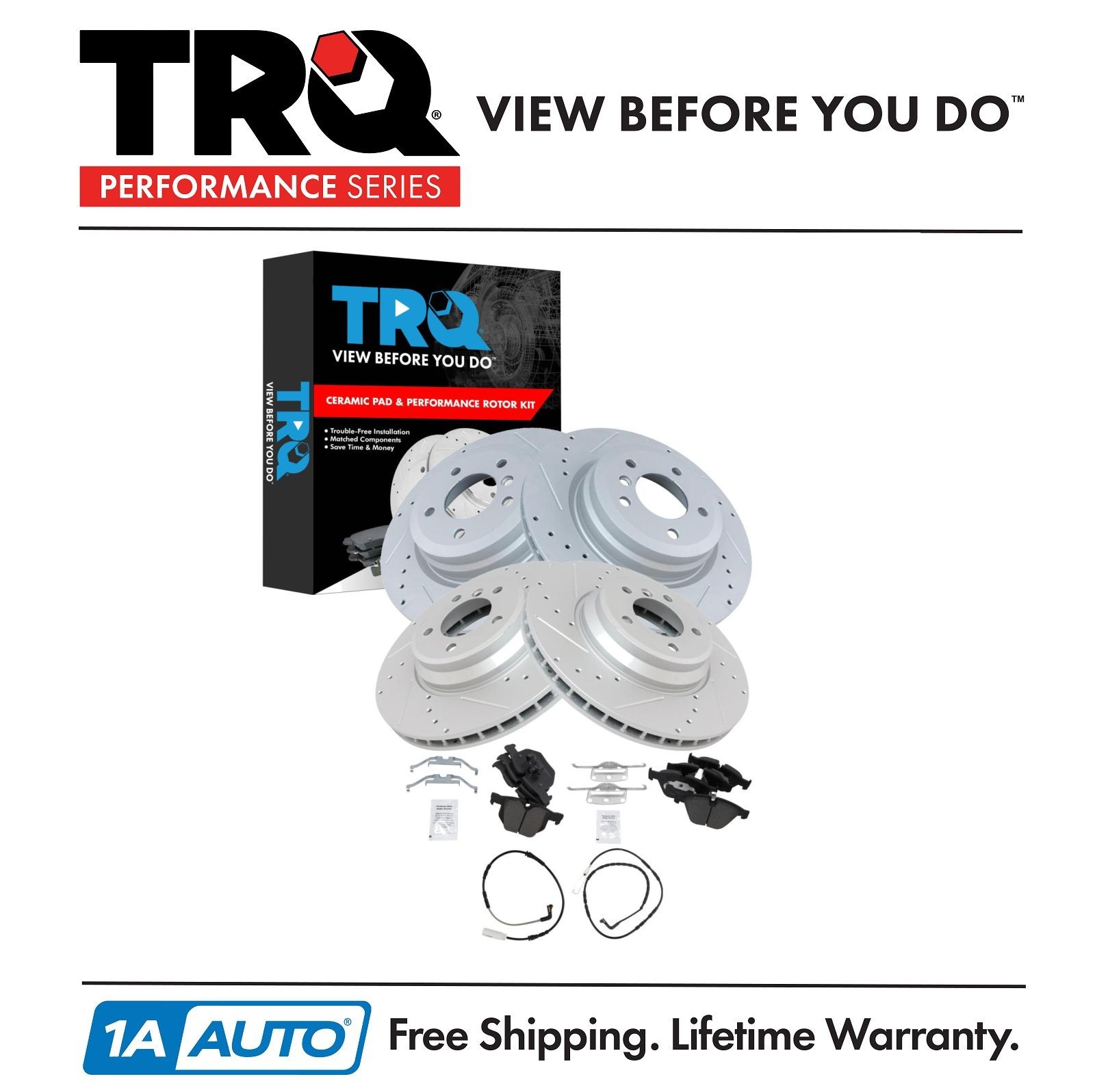 TRQ Performance Brake Rotor Drilled Slotted Zinc & Posi Ceramic Pads w/ Sensors