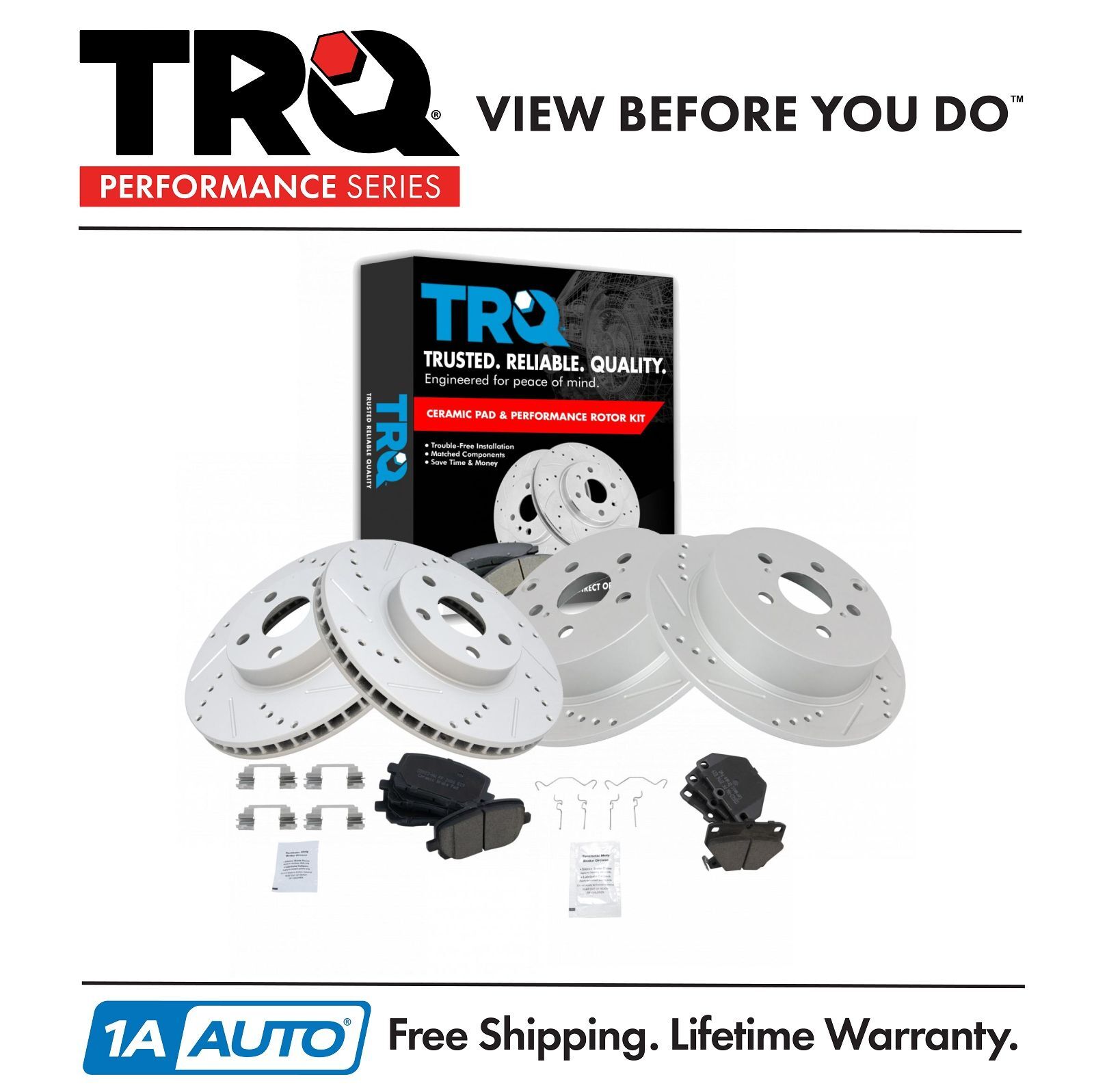 TRQ Performance Drilled Slotted Brake Rotor & Ceramic Pad Front & Rear Kit