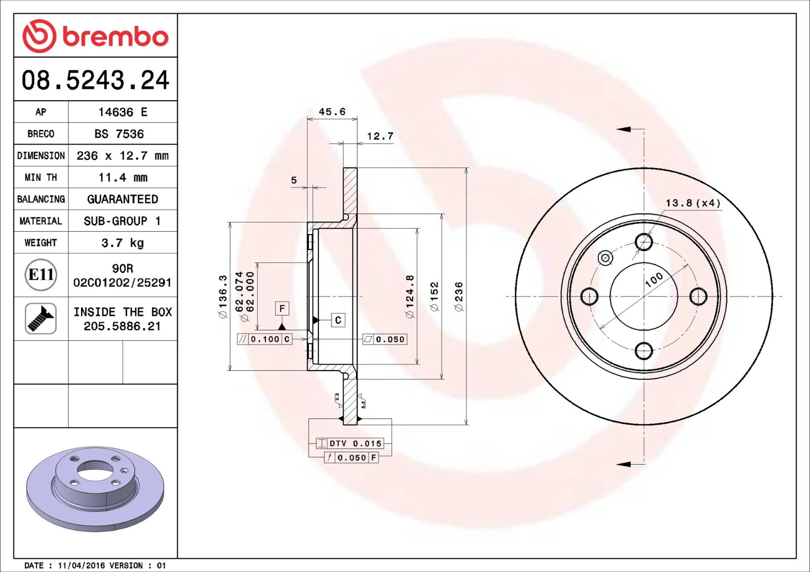 2x Brake Discs Pair Solid Front 236mm 08.5243.24 Brembo Set 002415019 6U0615301