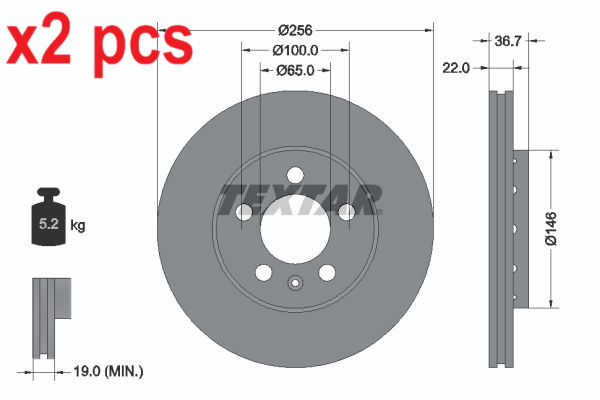 X2 PCS L&R SIDES FRONT FITS AUDI A1 1.0 TFSI BRAKE DISC 92082205 TEXTAR