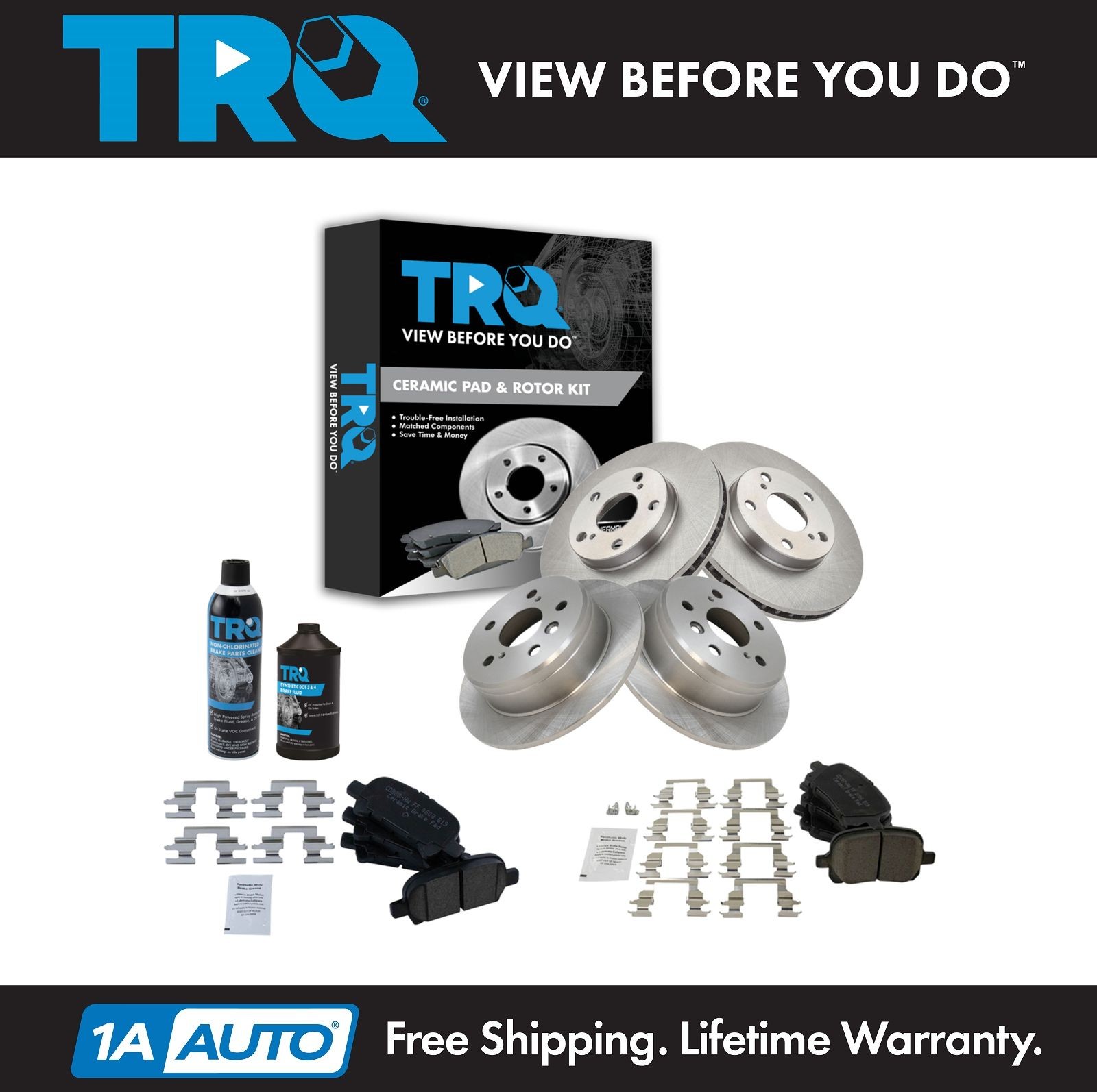 TRQ Front & Rear Ceramic Brake Pad & Rotor Kit w/Fluids for 99-03 Toyota Solara