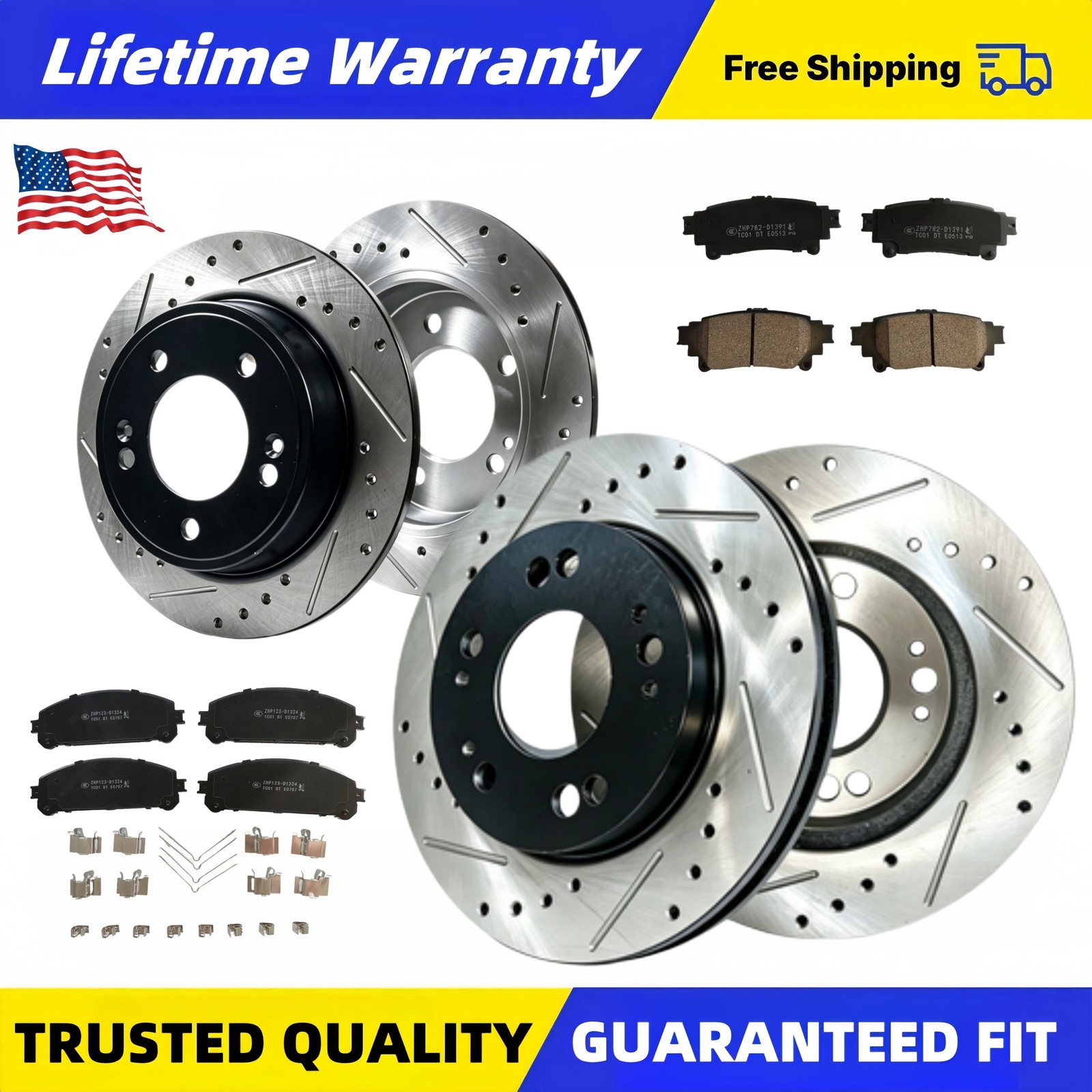 Front Rear Drilled Disc Brake Rotors Brake Pads for 2015-2019 Toyota Highlander
