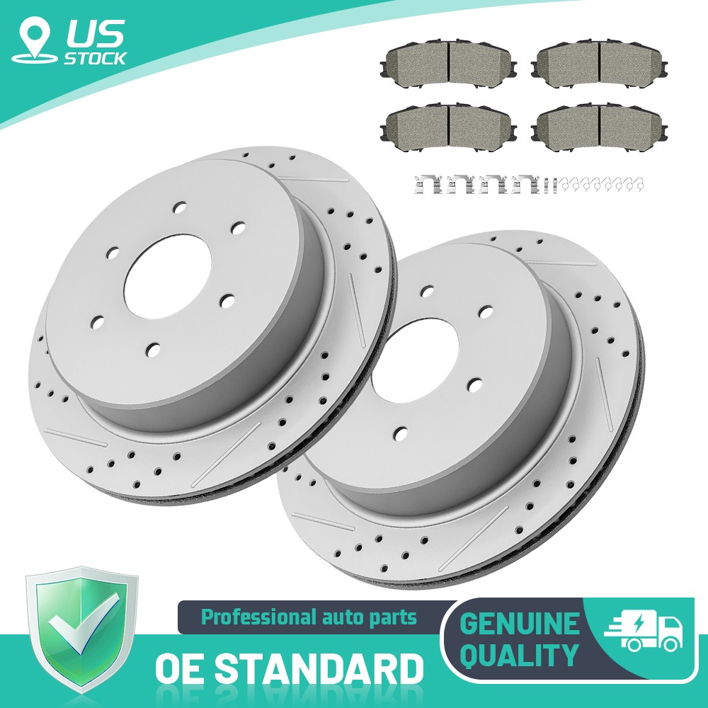 Rear Drilled Brake Rotors+Ceramic Pads W/Mounting Clips for Nissan Titan 2017-23