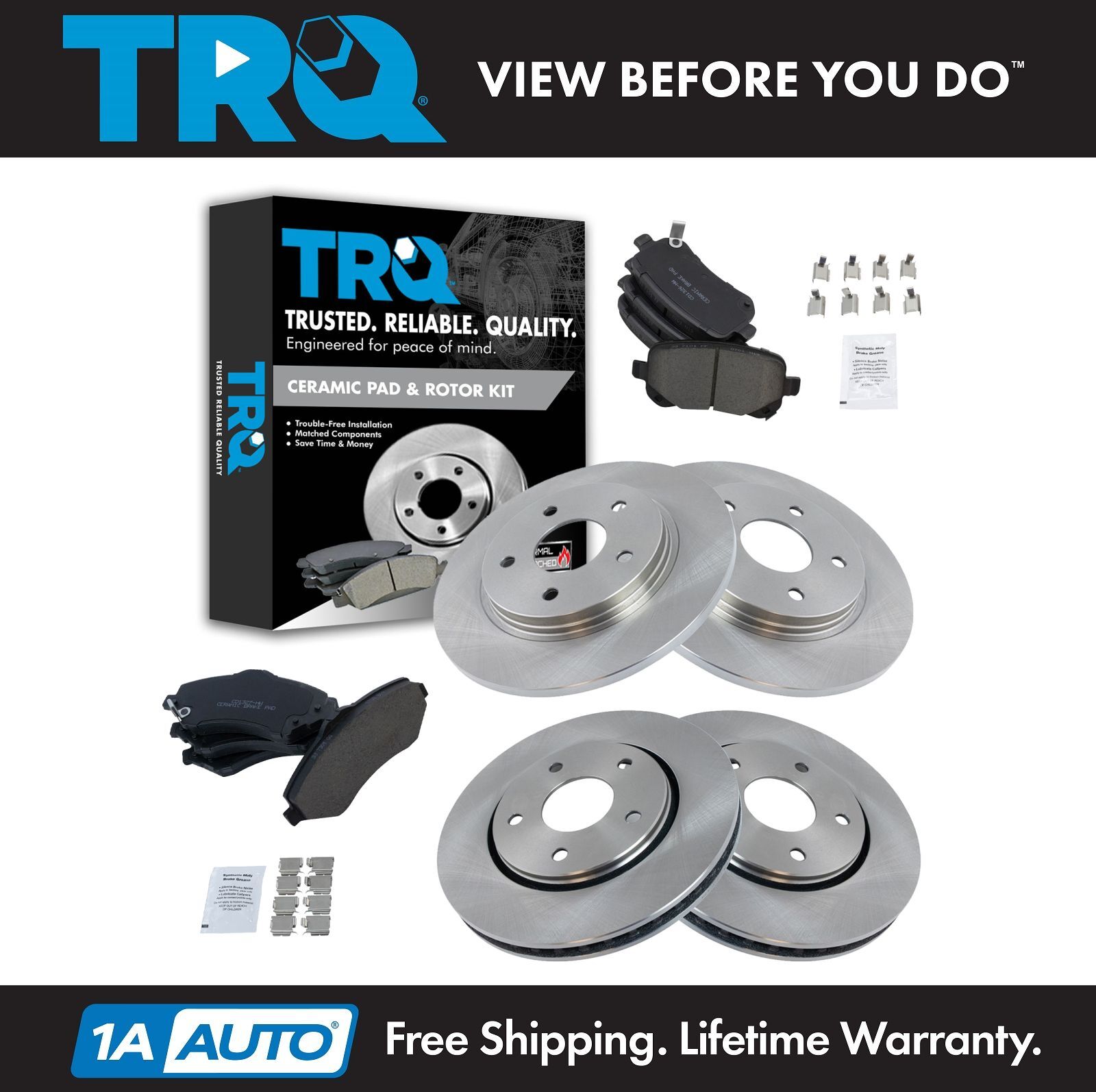 TRQ Premium Posi Ceramic Brake Pad Rotor Kit Front Rear for Chrysler Dodge