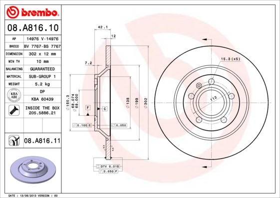 Brembo 08.A816.11 Brake Disc for Audi