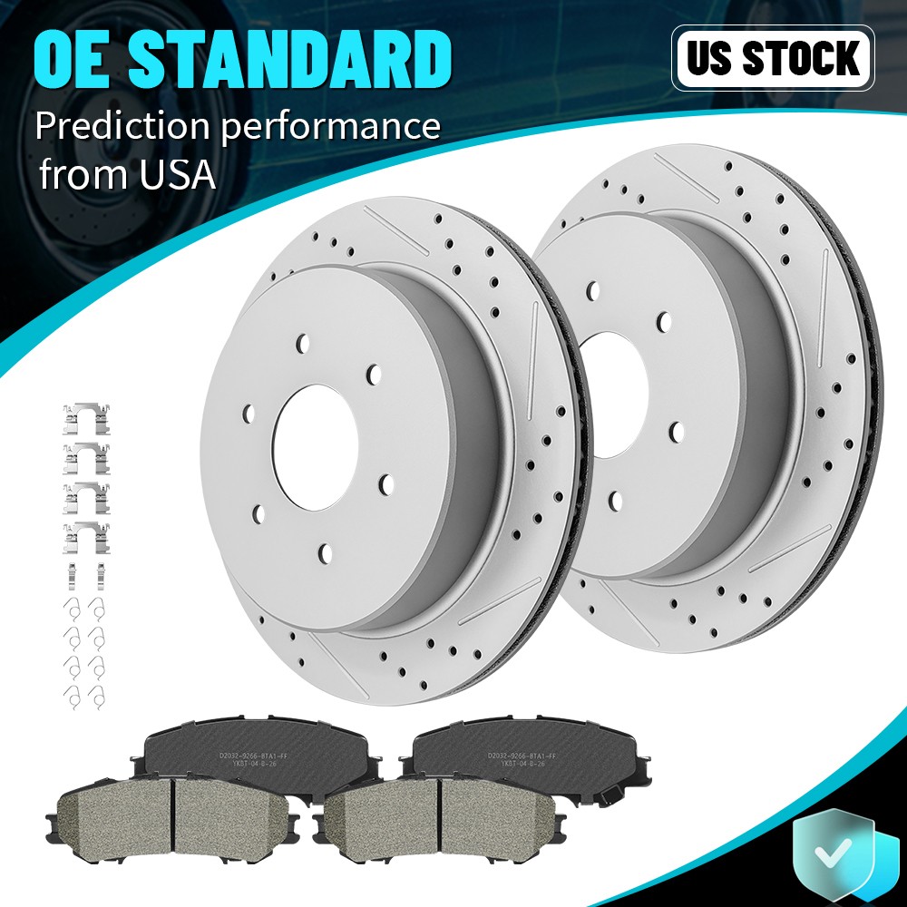 Rear Drilled Disc Rotors Ceramic Brake Pads Kit For 2017-2023 Nissan Titan 5.6L