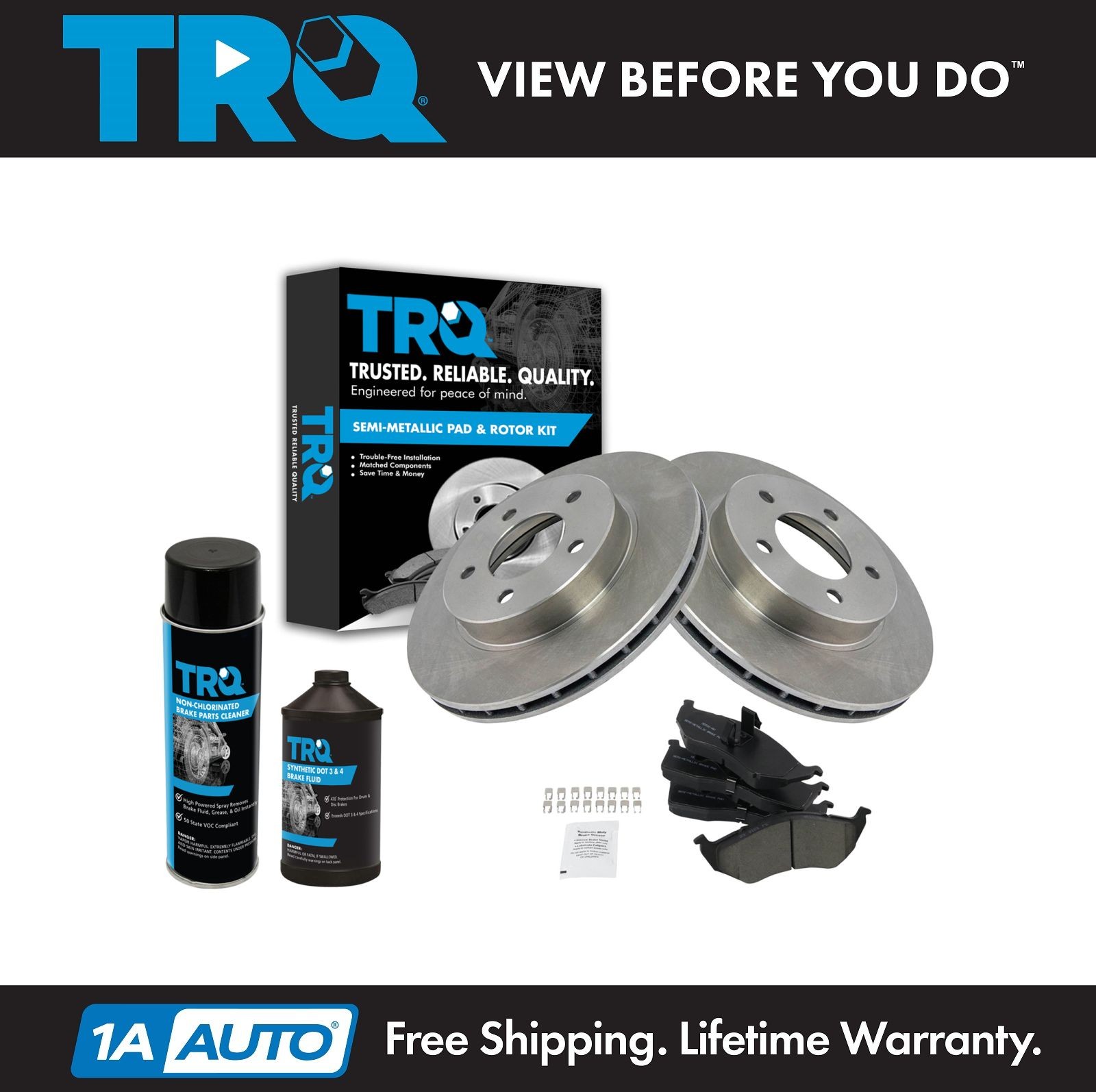 TRQ Front Brake Pad & Rotor Kit w/Fluids for Concorde LHS Yorker Intrepid Vision
