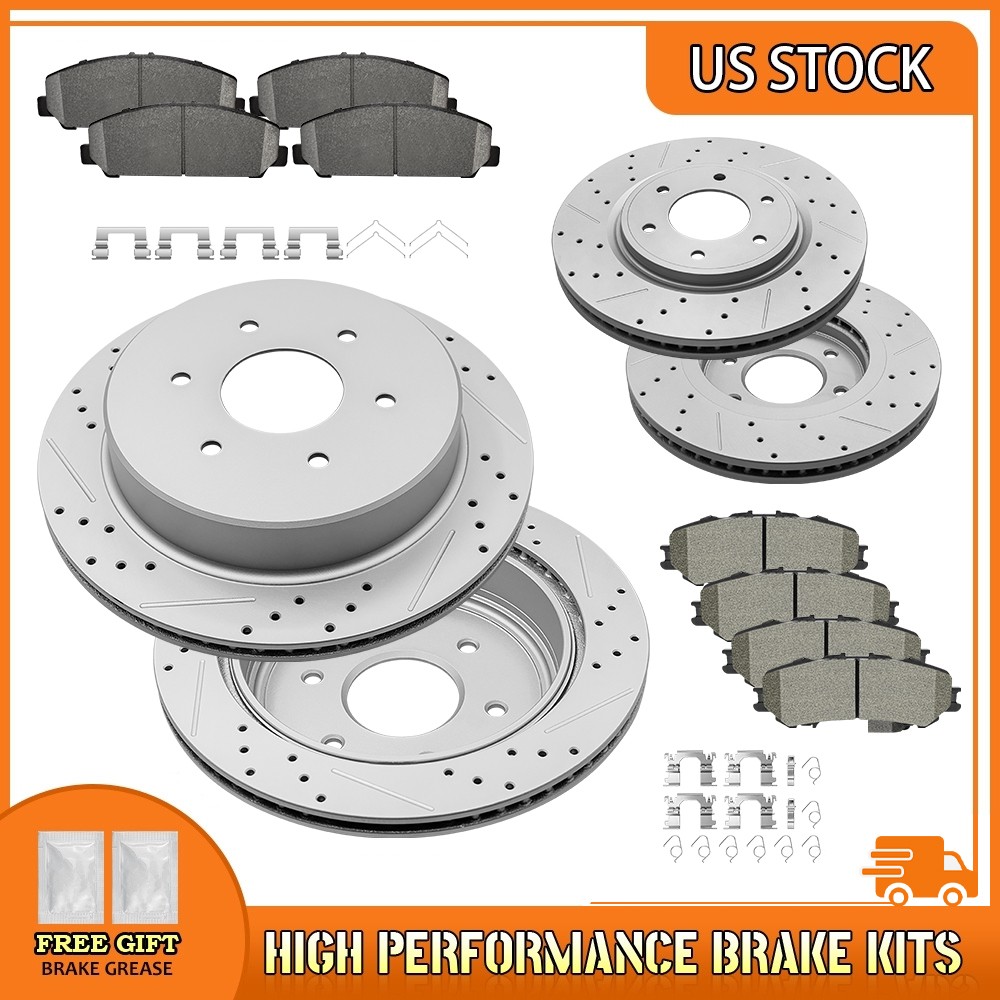 Front & Rear Drilled Brake Rotors Ceramic Brake Pads For 2017-2023 Nissan Titan