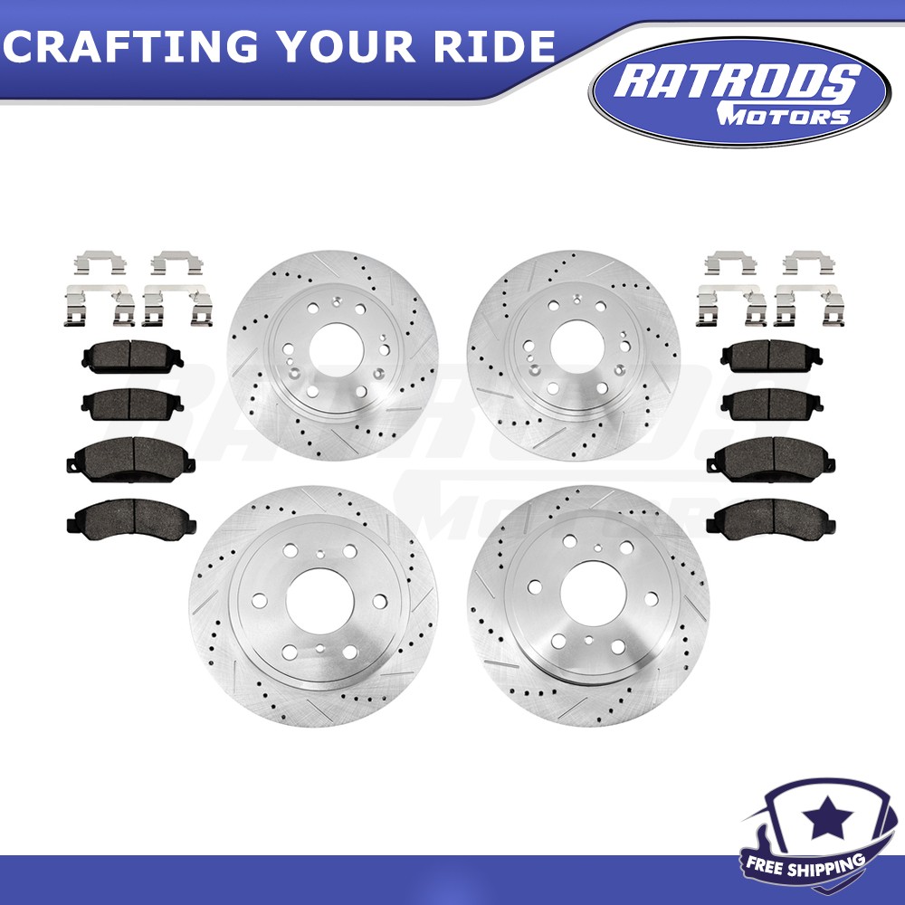 For Chevy GMC Silverado Sierra 1500 Tahoe Front & Rear Drilled Rotors+Brake Pads