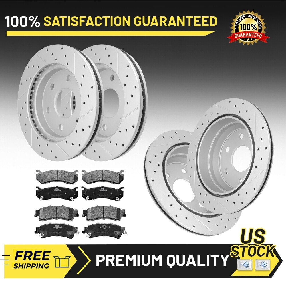 Front Rear Slotted Drilled Rotors Brakes Pads for Chevy Silverado 1500 GMC Yukon