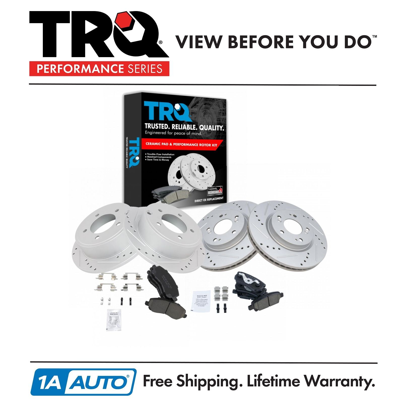 TRQ Ceramic Brake Pad & Drilled Slotted Front Coated Rotor Front & Rear Kit