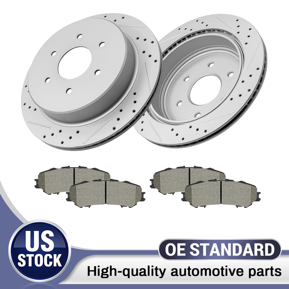 Rear Drilled Disc Brake Rotors Ceramic Pads for 2017-2022 2023 Nissan Titan 5.6L