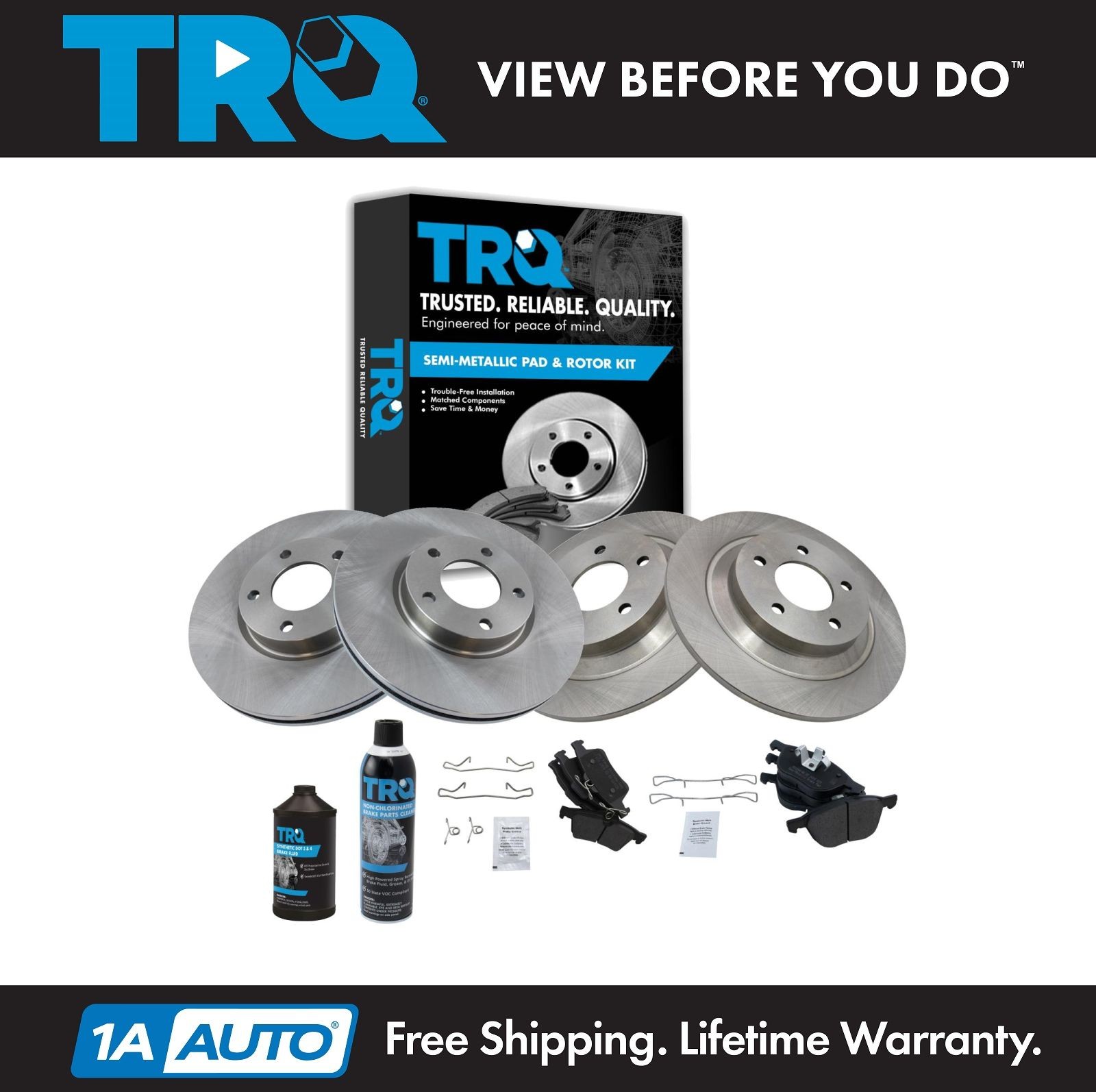 TRQ Front & Rear Semi-Metallic Brake Pad & Rotor Kit LH & RH Sides w/Chemicals